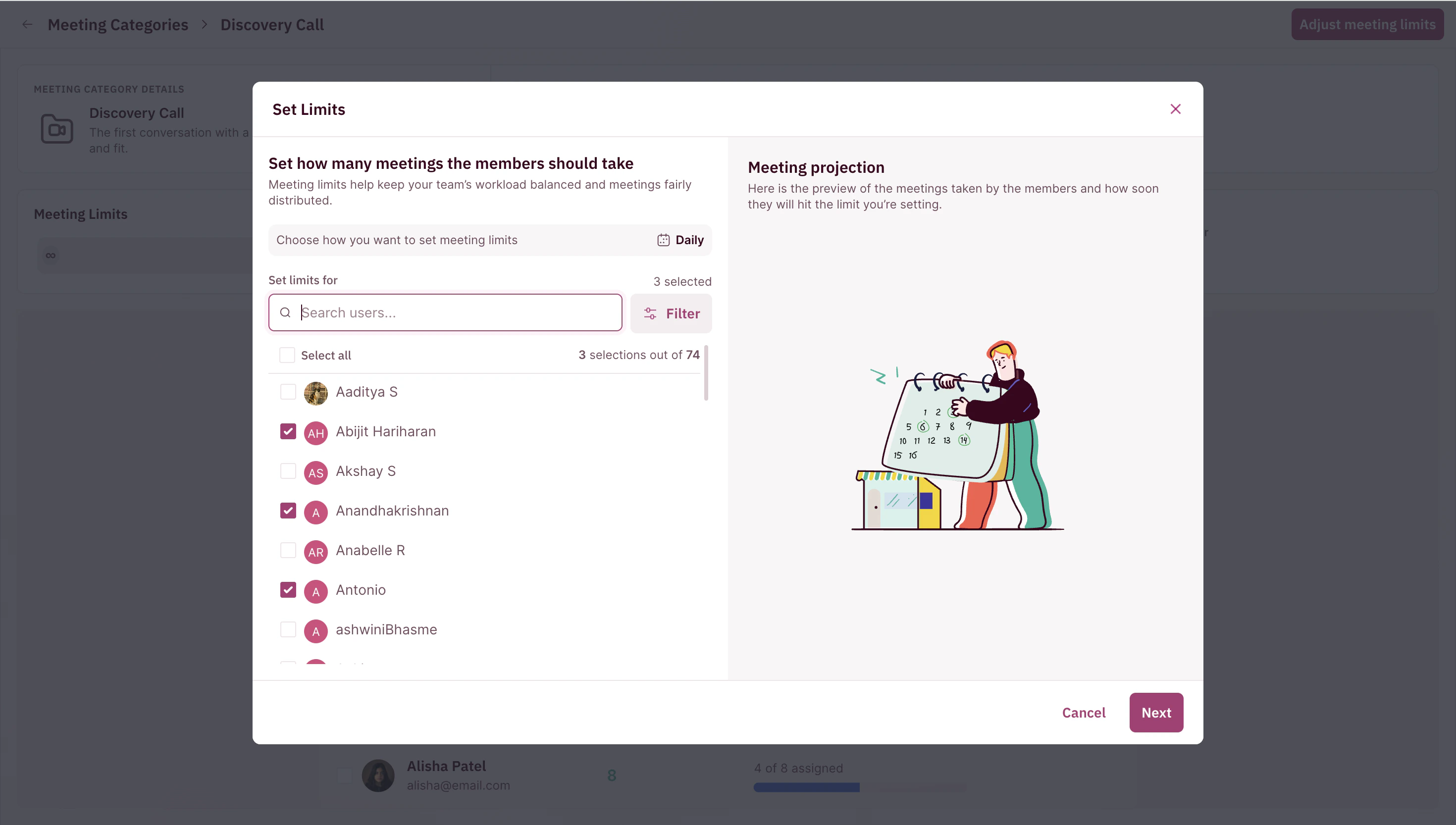 Select all the members you want to limit the number of meetings assigned to using this meeting category