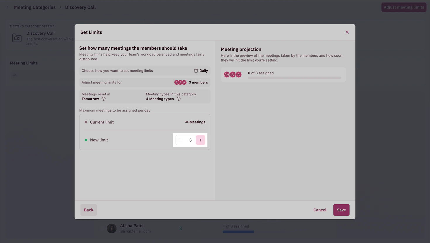 Set the number of meetings each member added to this meeting category can get assigned