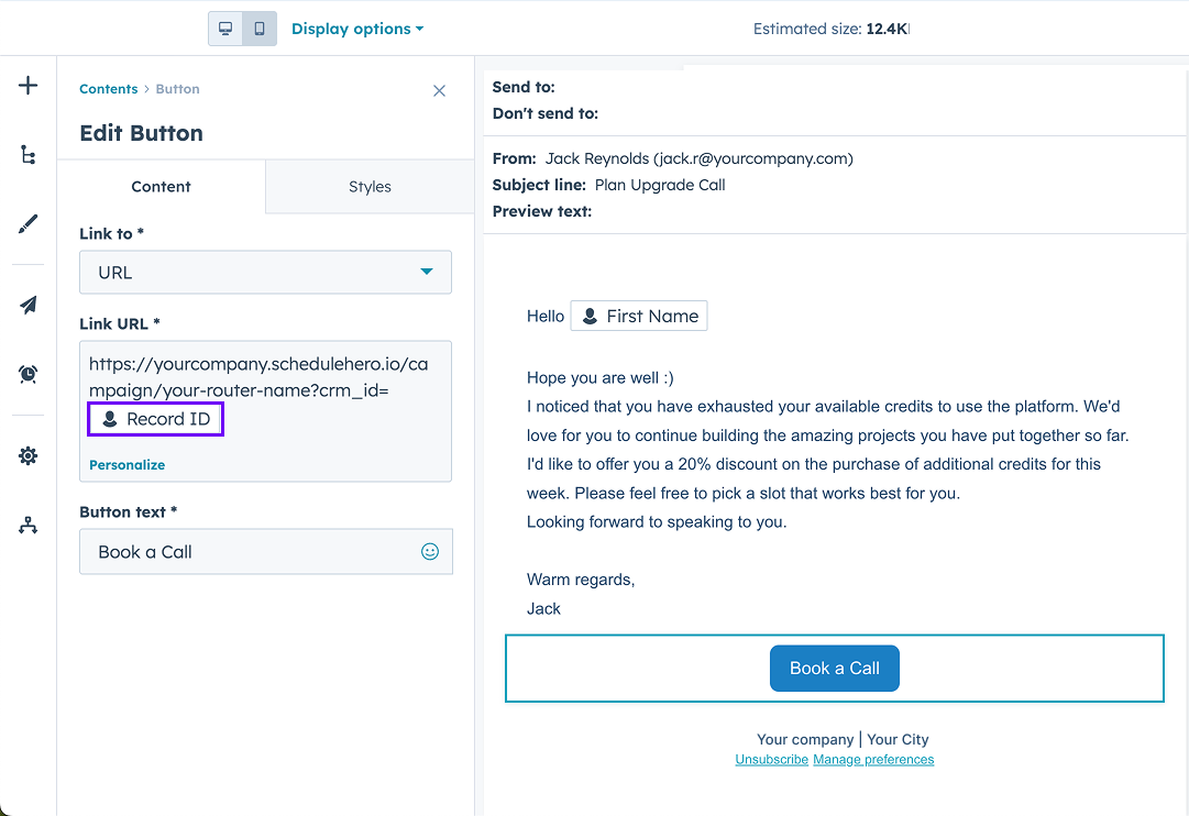 HubSpot marketing email editor showing the CRM ID token in the button URL field