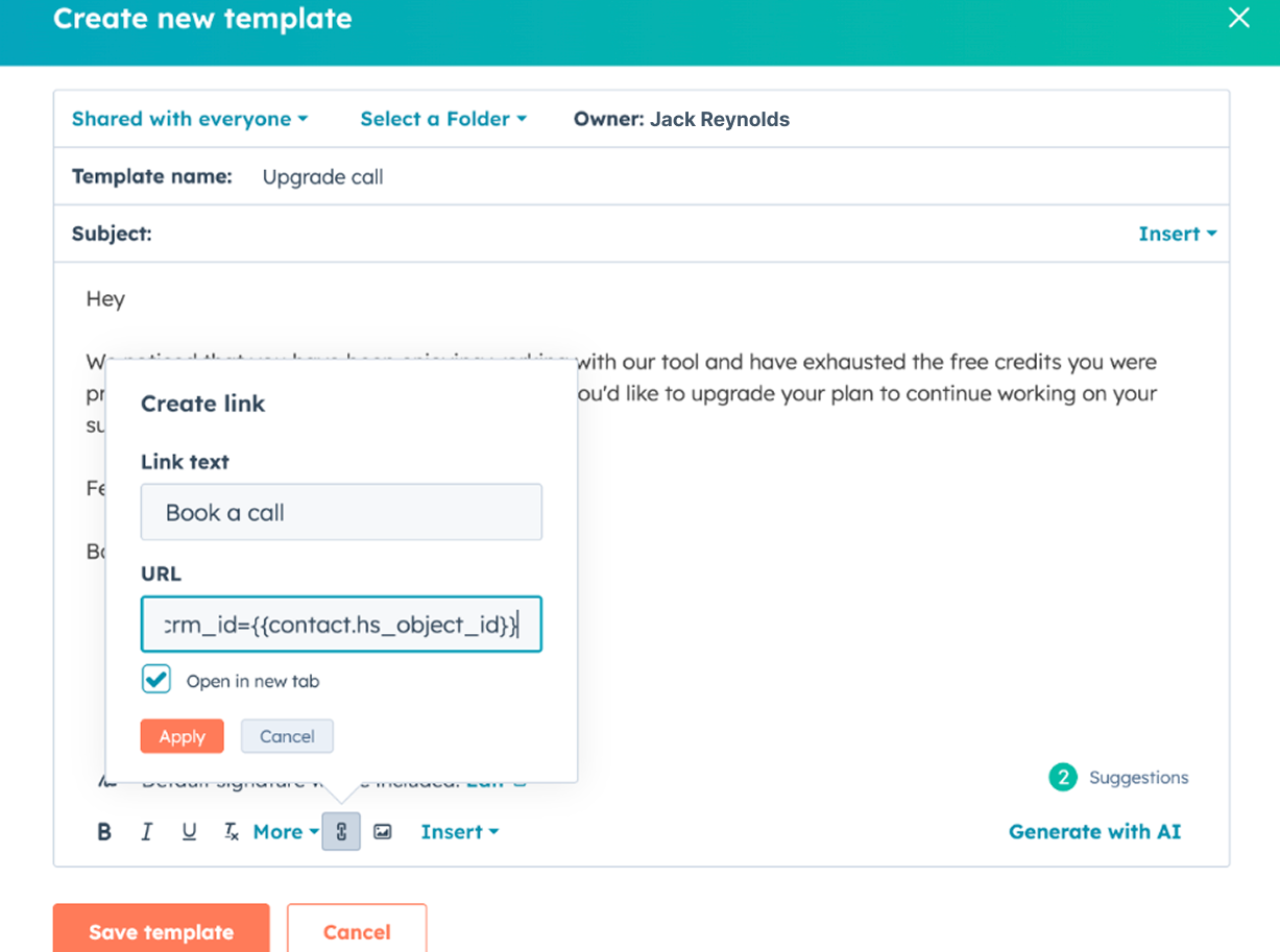 HubSpot sequence email step showing the CRM ID token in the Create link dialog