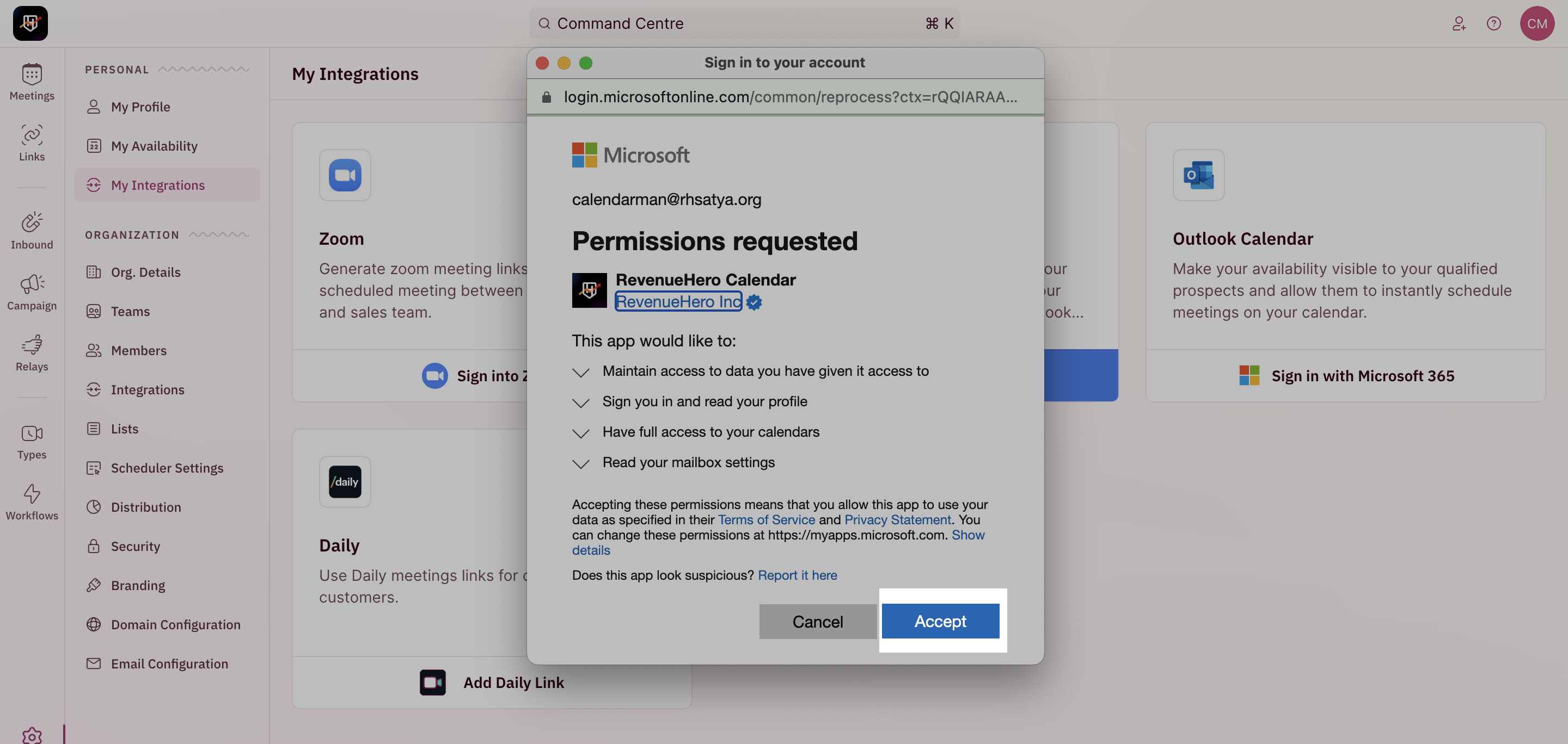 Outlook accept permissions