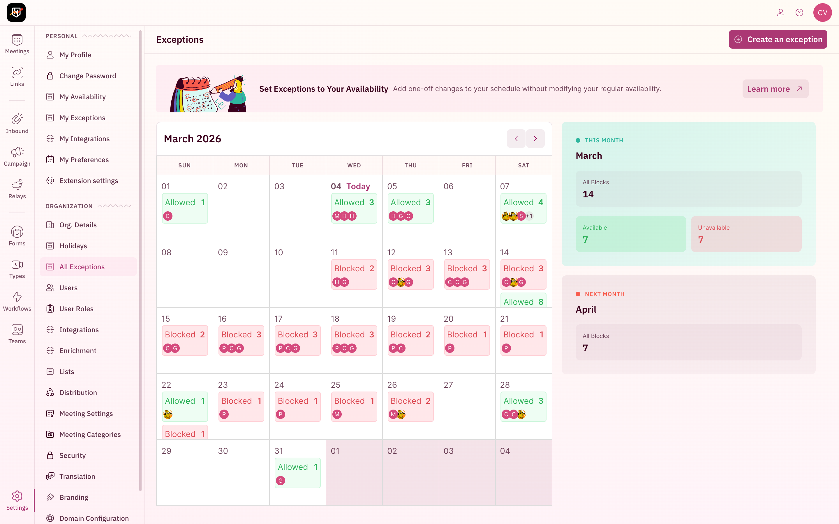 Admin user view of Exception blocks