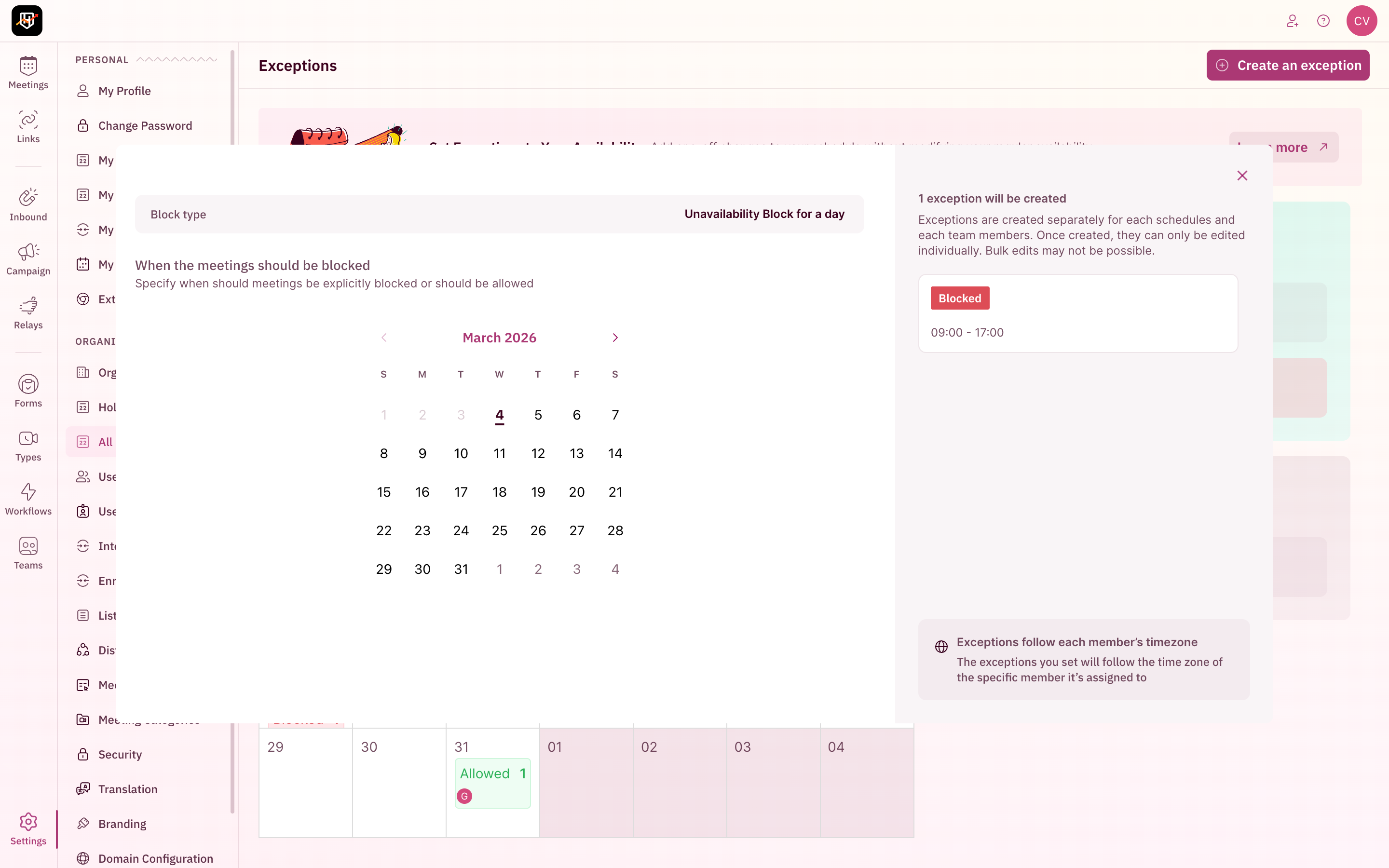 Date Selection modal in creating exception blocks