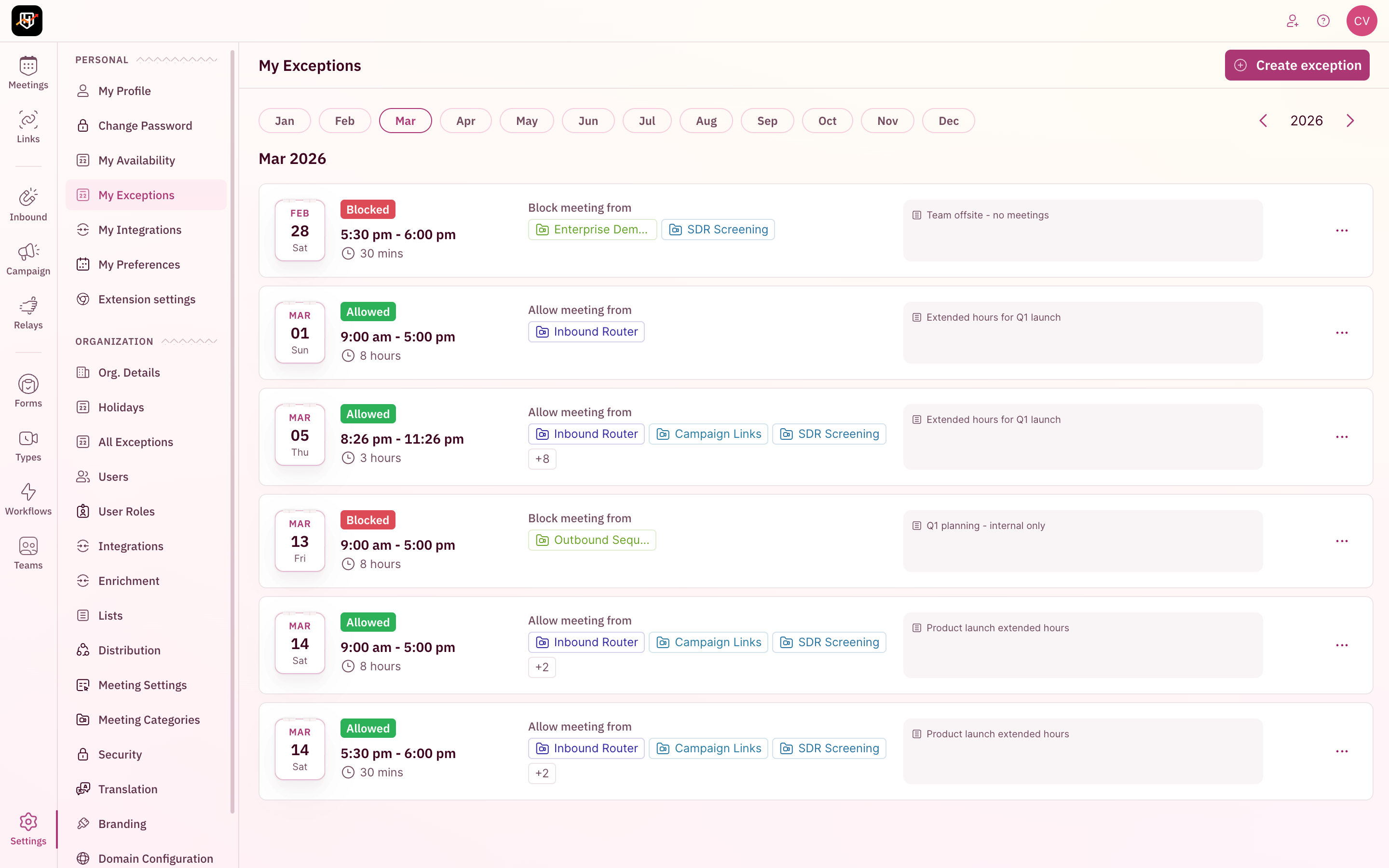 Managing Personal Exception blocks for reps