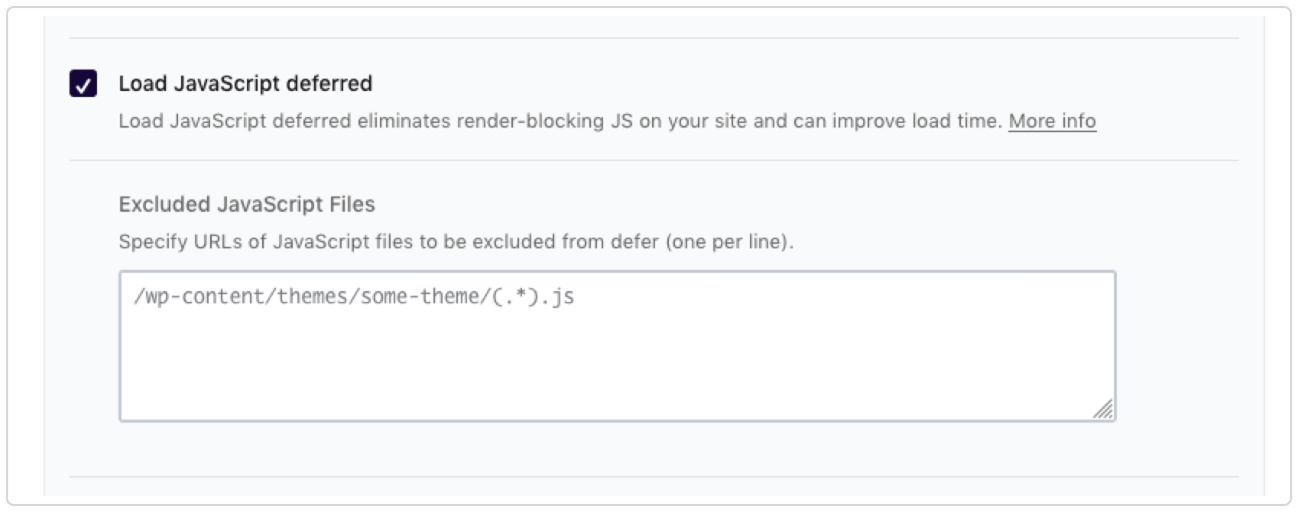 WP Rocket Excluded JavaScript Files field under Load JavaScript deferred