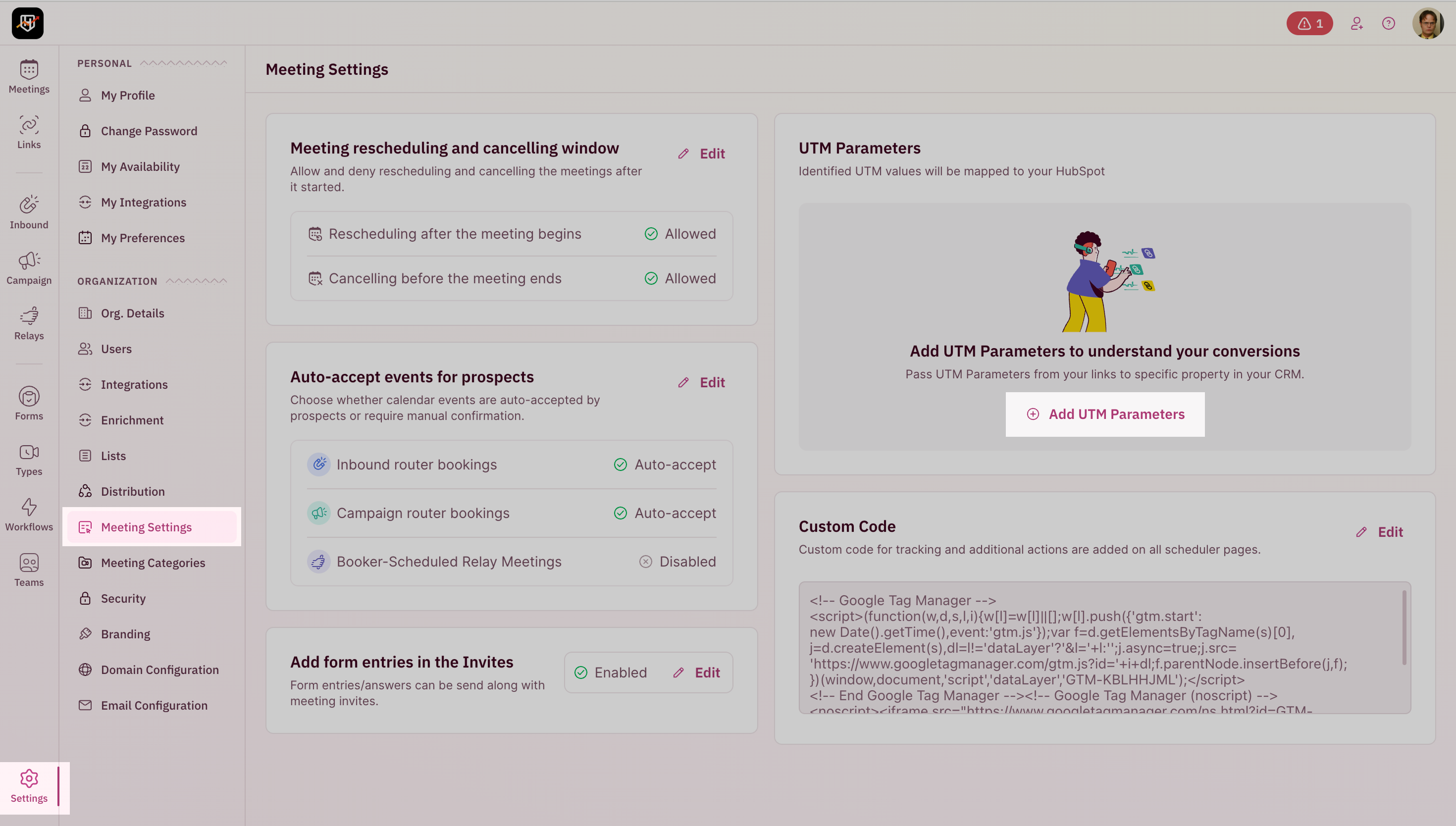 Settings panel showing UTM Parameters