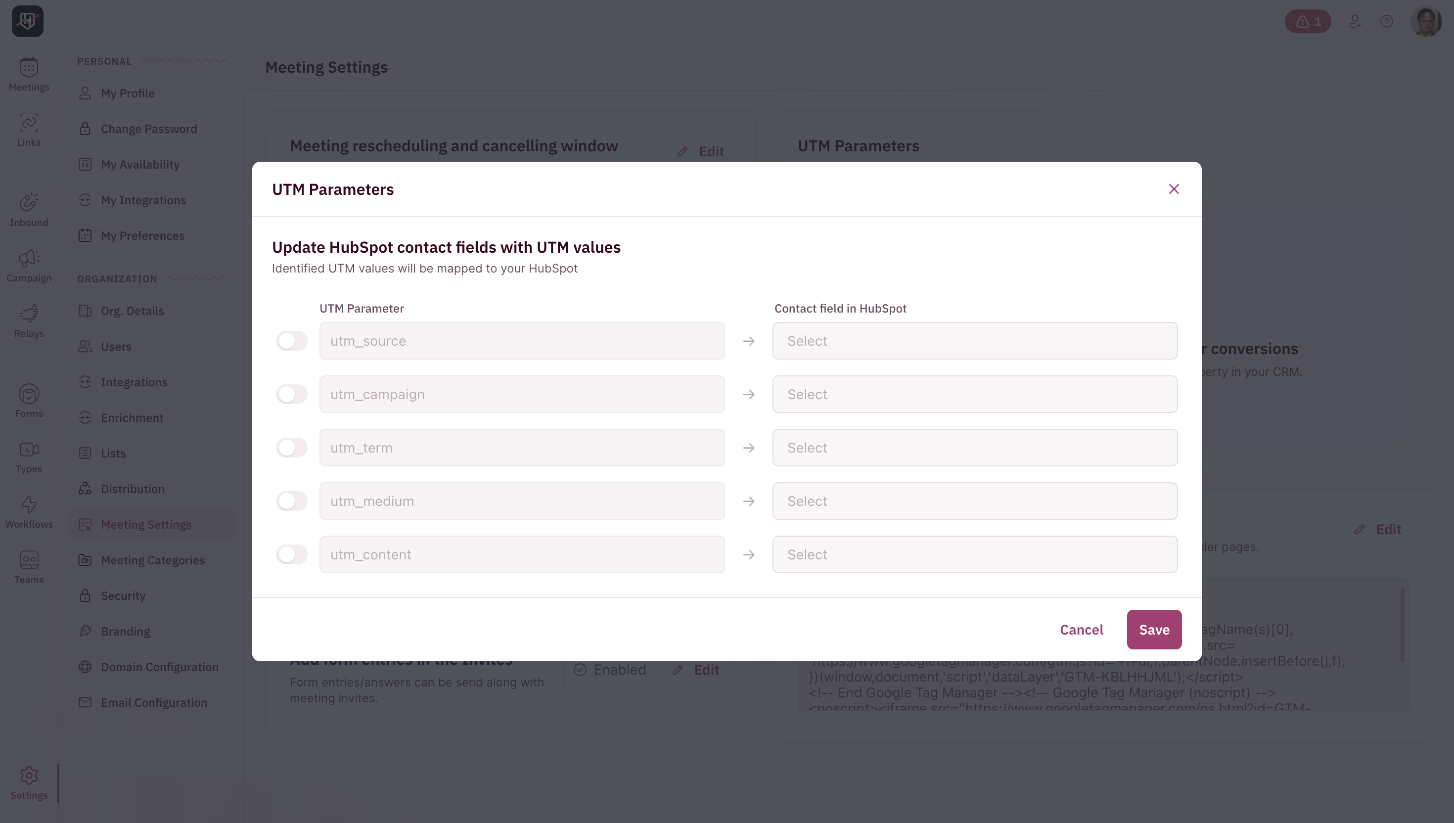 UTM Parameters mapping modal