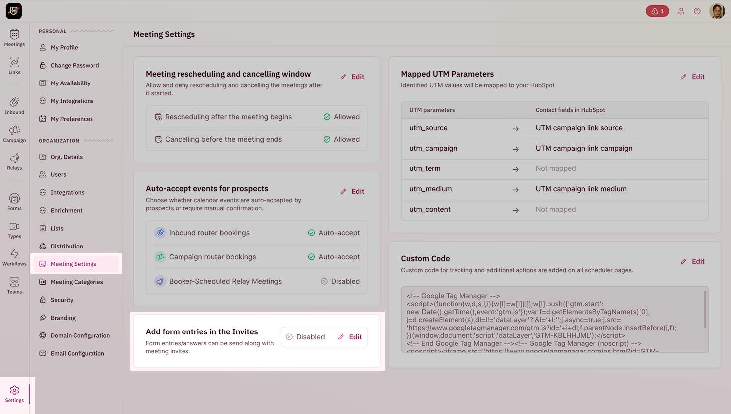 Settings panel showing Add form entries in the Invites