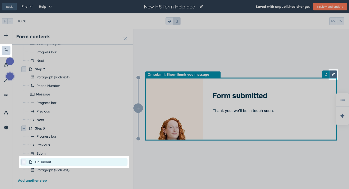 Setting up Show thank you message on form submission in HubSpot