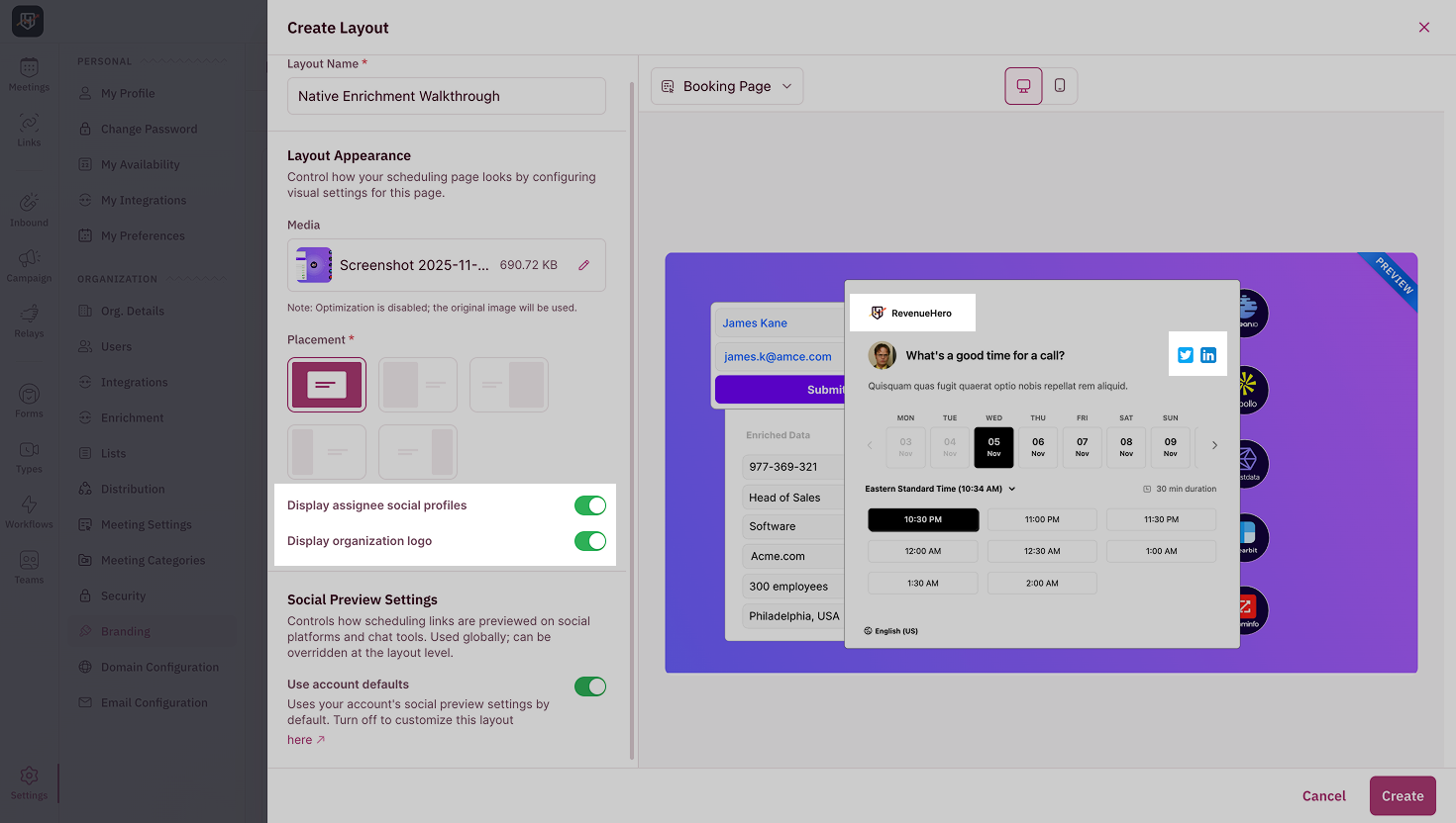 Displaying Organization logo and social media profile of the meeting assignee on the booking page
