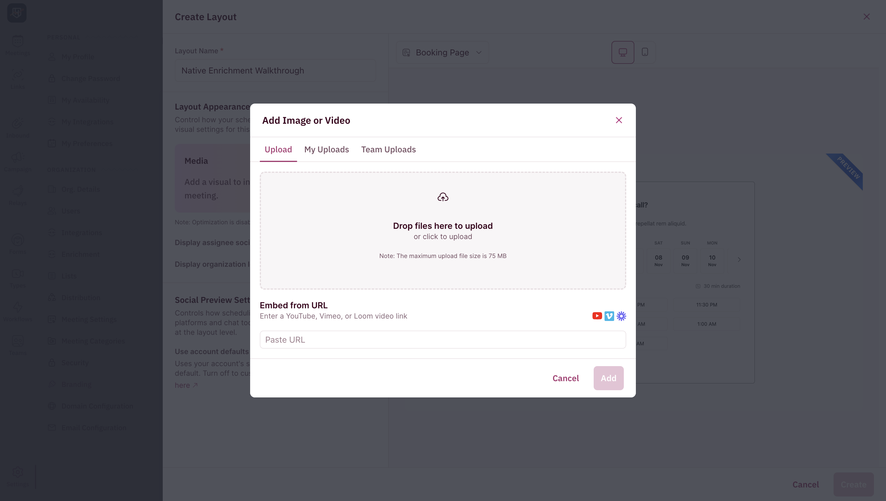 Upload media to the booking page dialog box