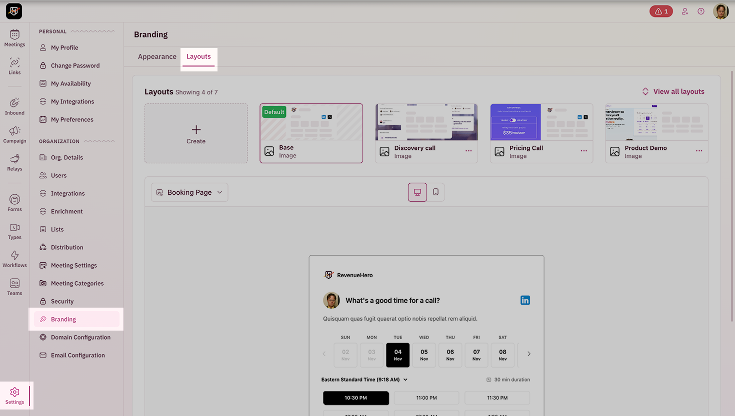 Settings window displaying Layouts