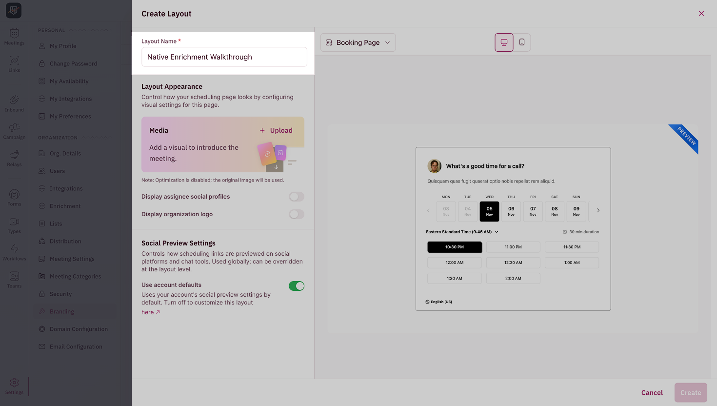New Layout dialog box