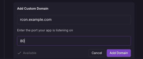 Railway's Add Custom Domain form with a domain and port 80 filled in