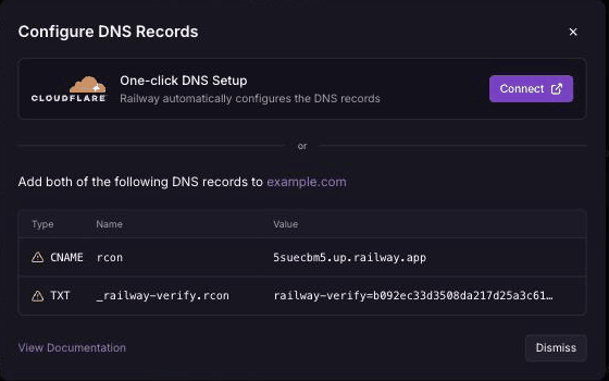 Railway's Configure DNS Records dialog showing a CNAME and TXT record to create