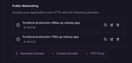 Railway networking settings showing two domains, one on port 80 and one on port 81