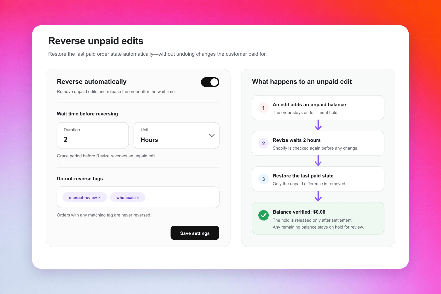 Choose when Revize should reverse unpaid order edits Revize Reverse Unpaid Edits settings with automatic reversal, wait time, and exclusion tags