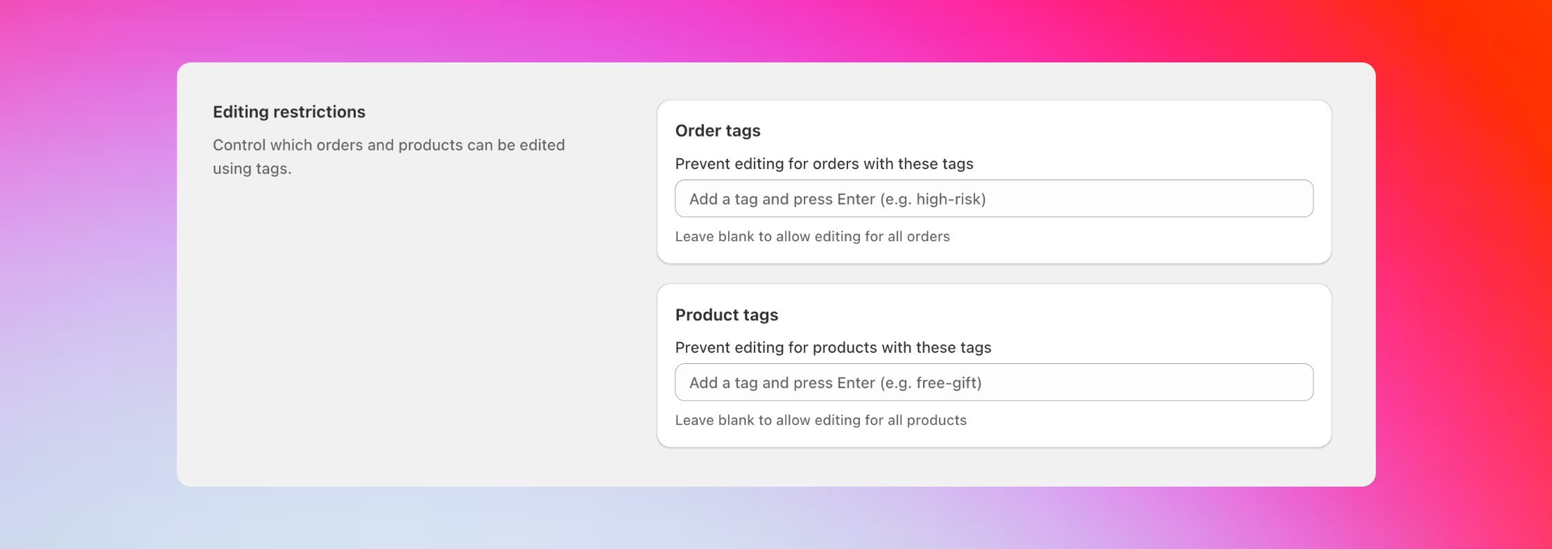 Order and product tag restriction fields in Revize