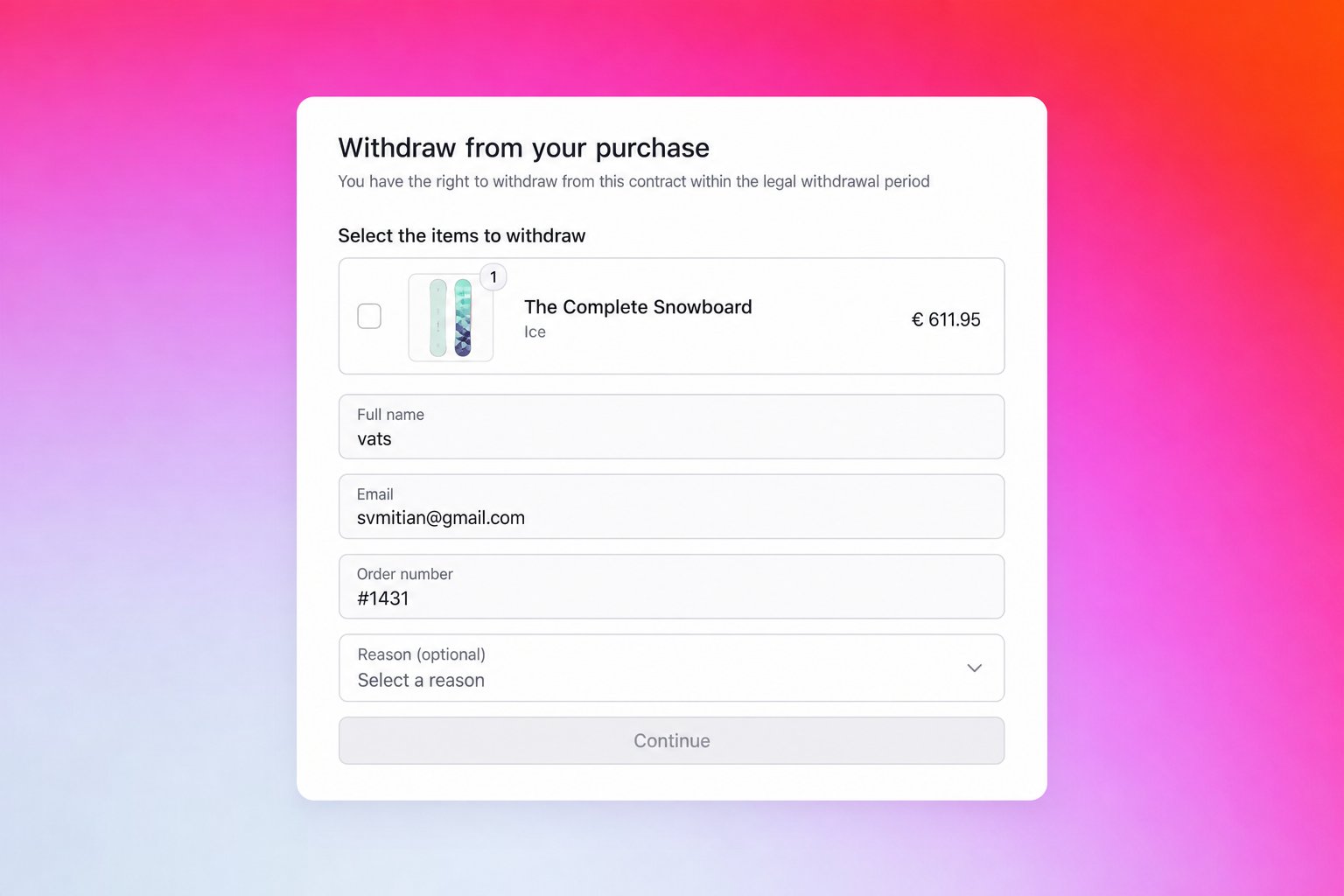 The EU withdrawal request on the customer order status page EU Withdrawal Requests