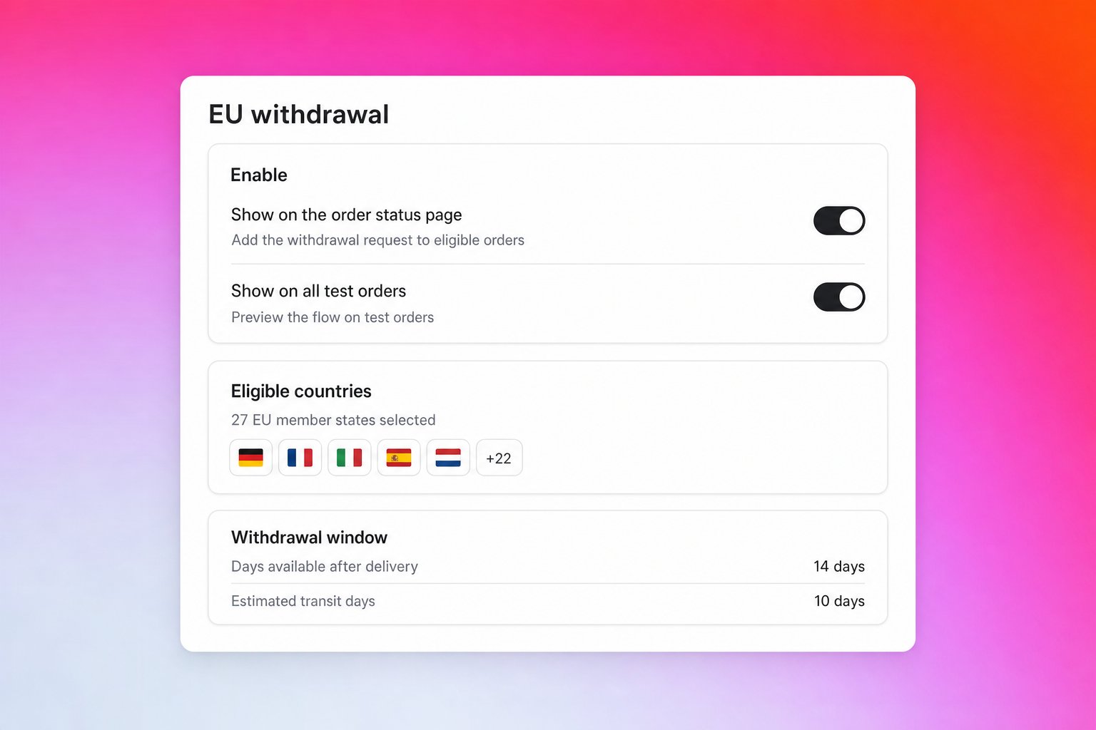 EU withdrawal settings in the Revize admin EU withdrawal settings: enable, eligible countries, placement, hold and review, delivered automation, withdrawal window
