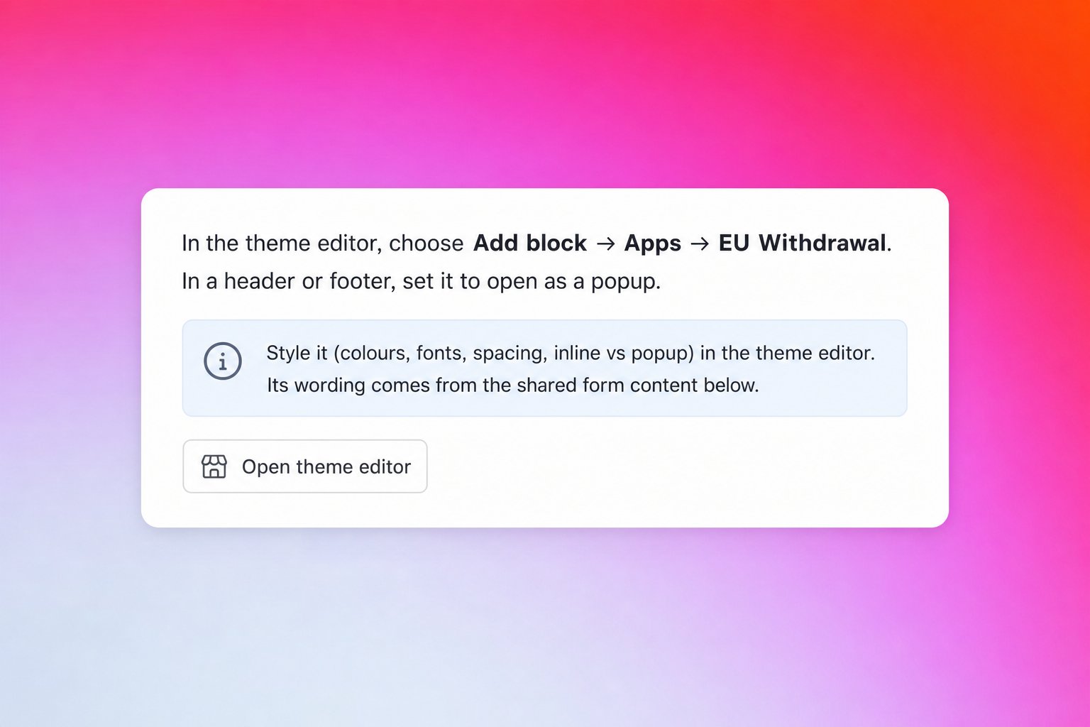 Theme block setup card in the Revize admin: open the theme editor and add the block under Apps Adding the EU Withdrawal theme app block from the theme editor