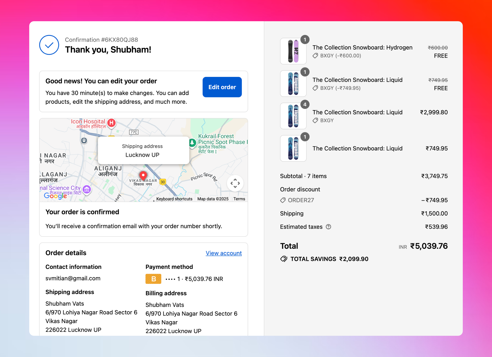 Order edit message on Shopify thank you page