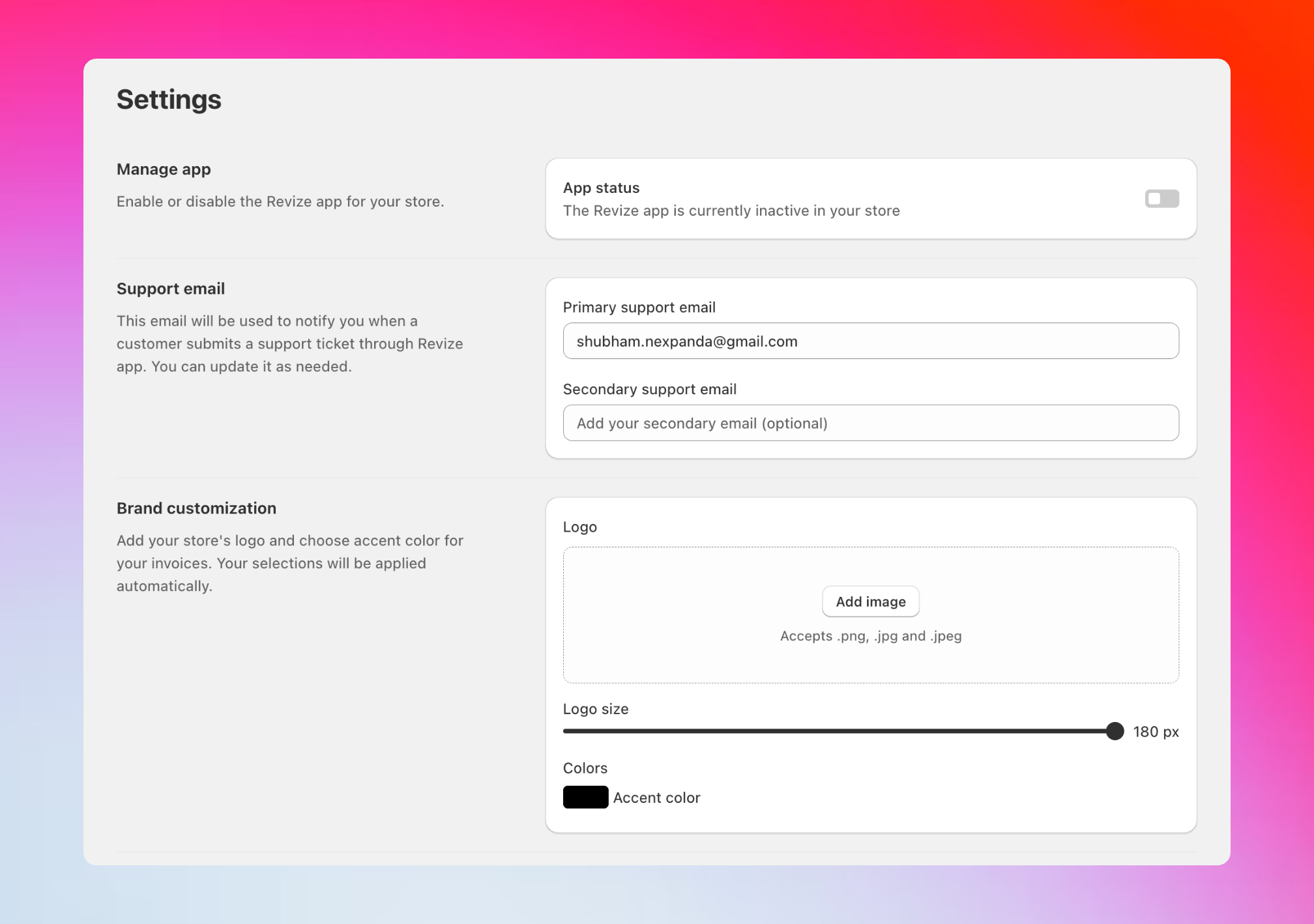 Revize settings, app status and branding