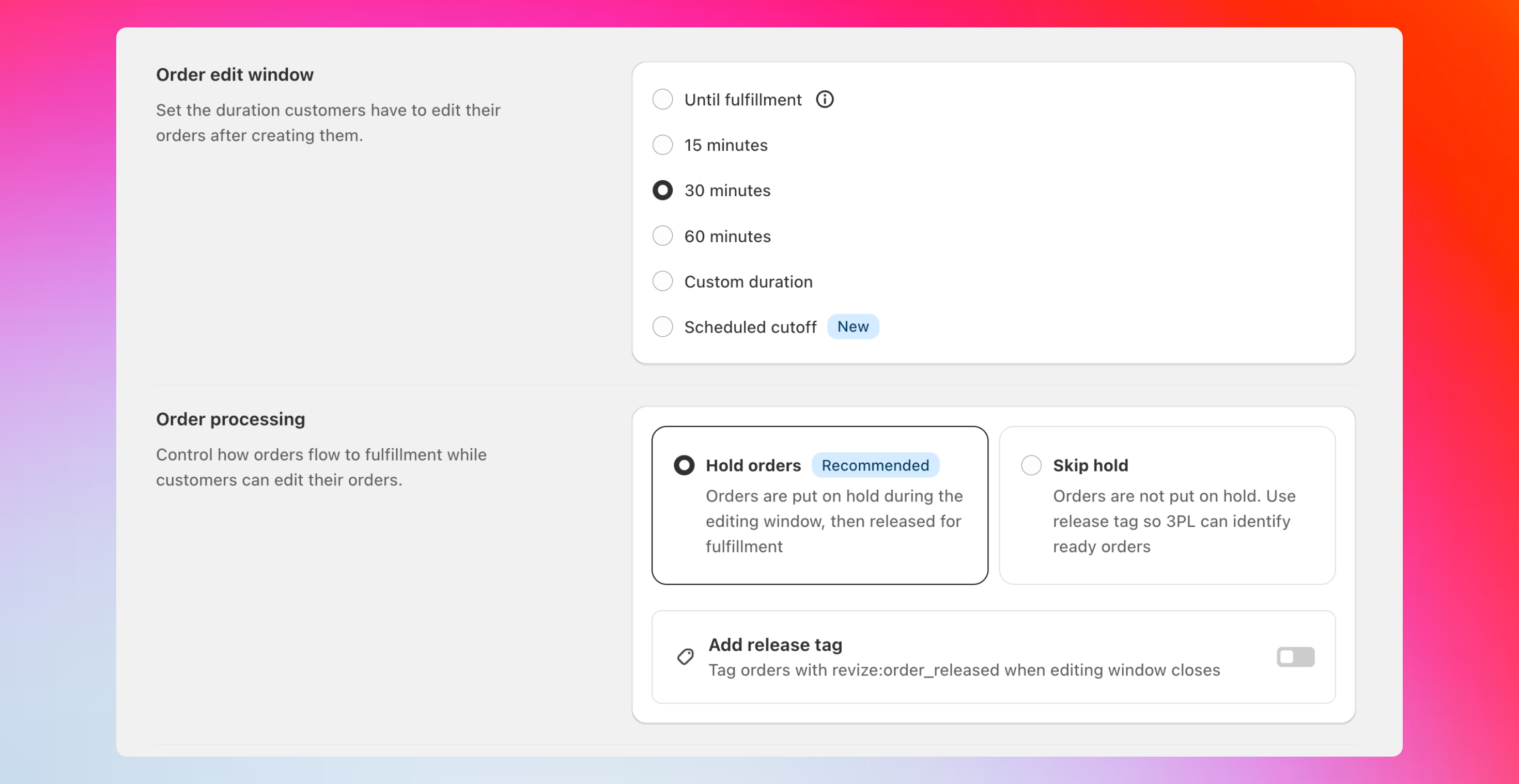 Order edit window options in Revize