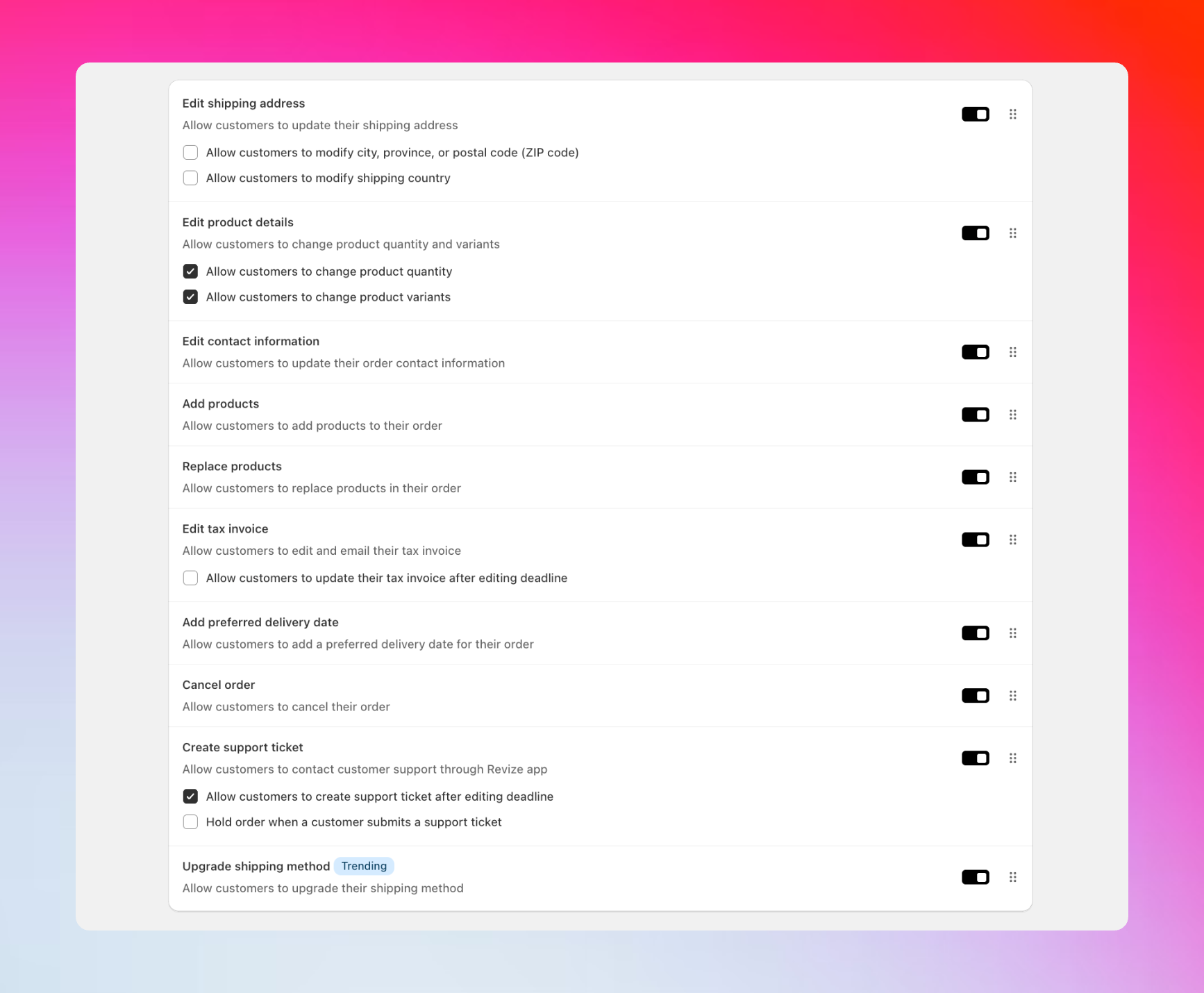 Customer edit options toggles in Revize
