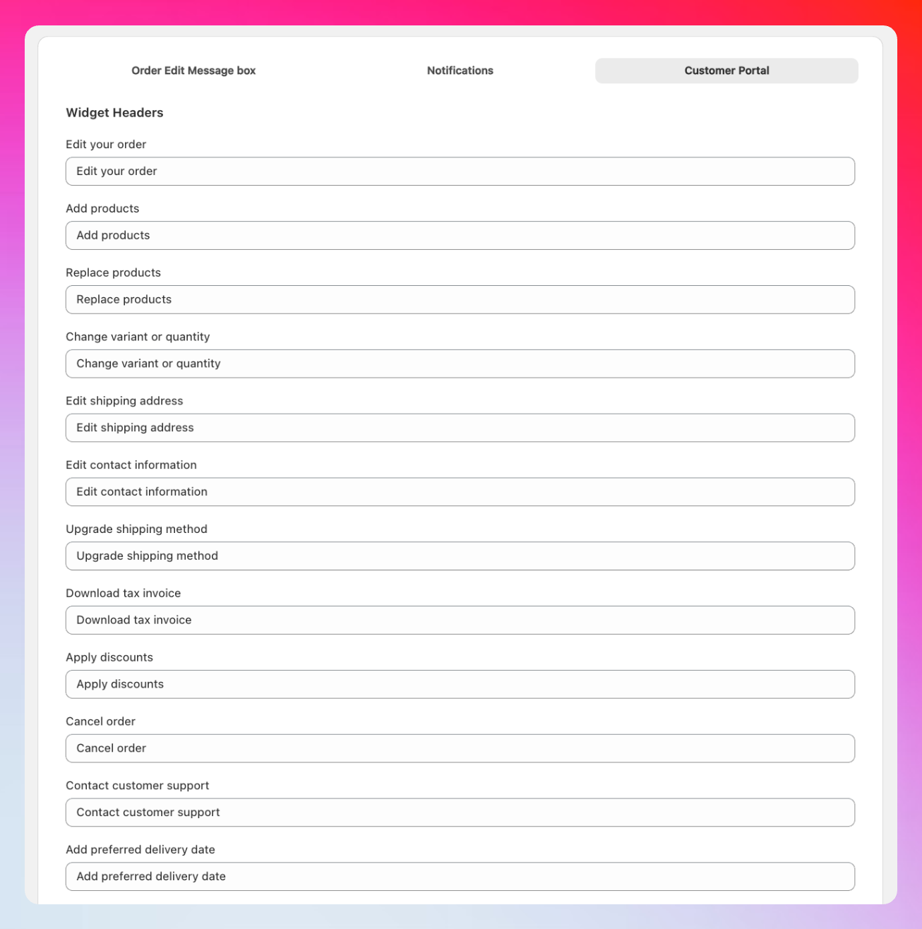 Customer portal text customization options