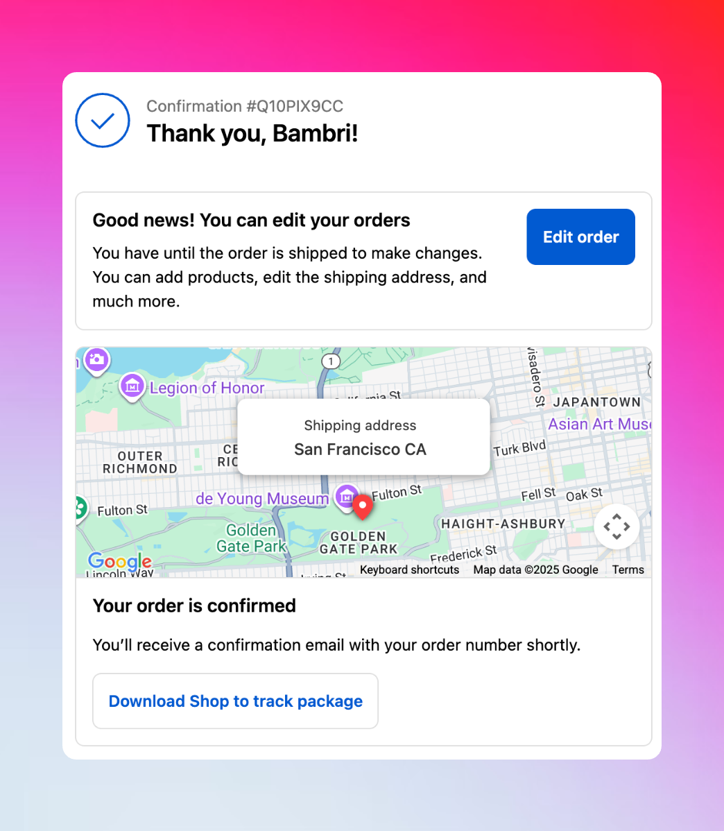 Order edit message box on thank you page