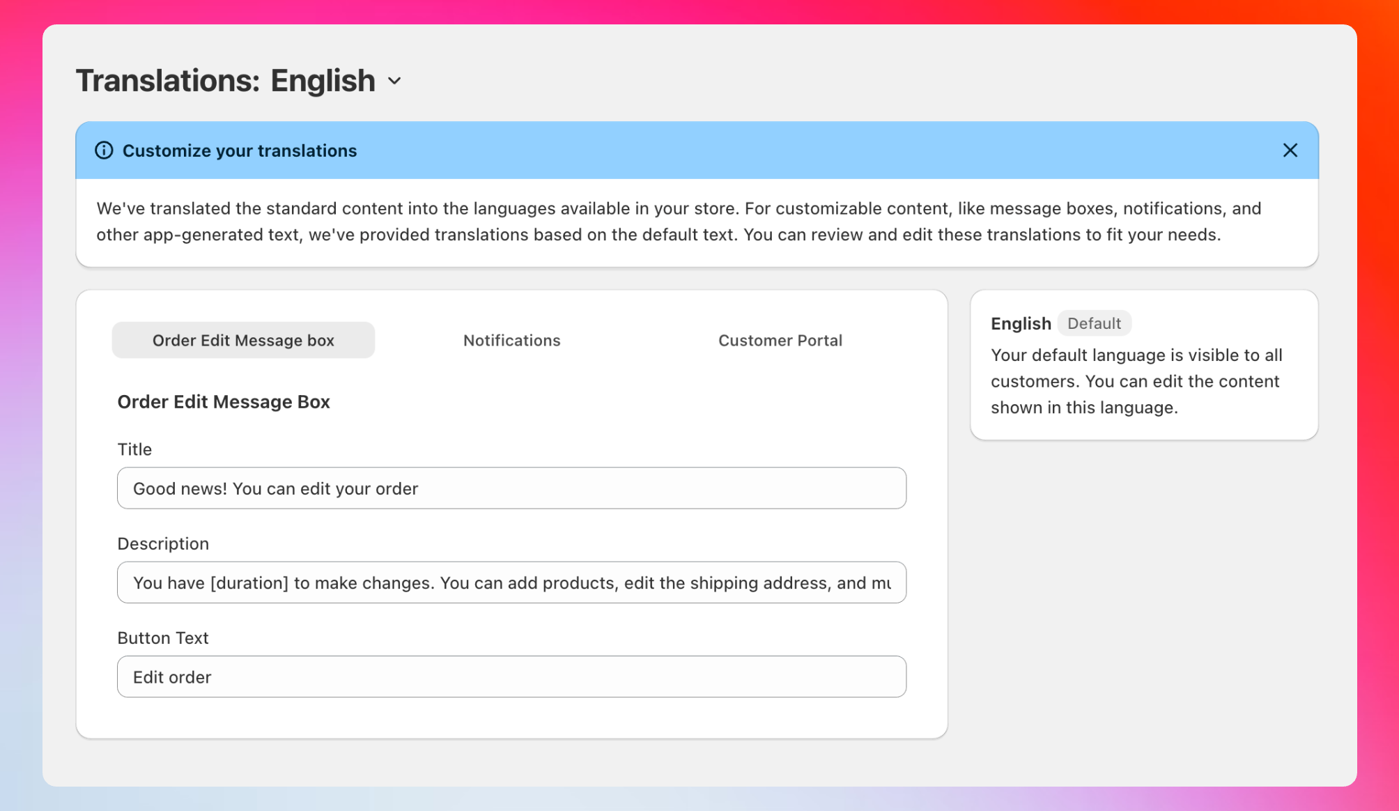 Translations dashboard with customization options