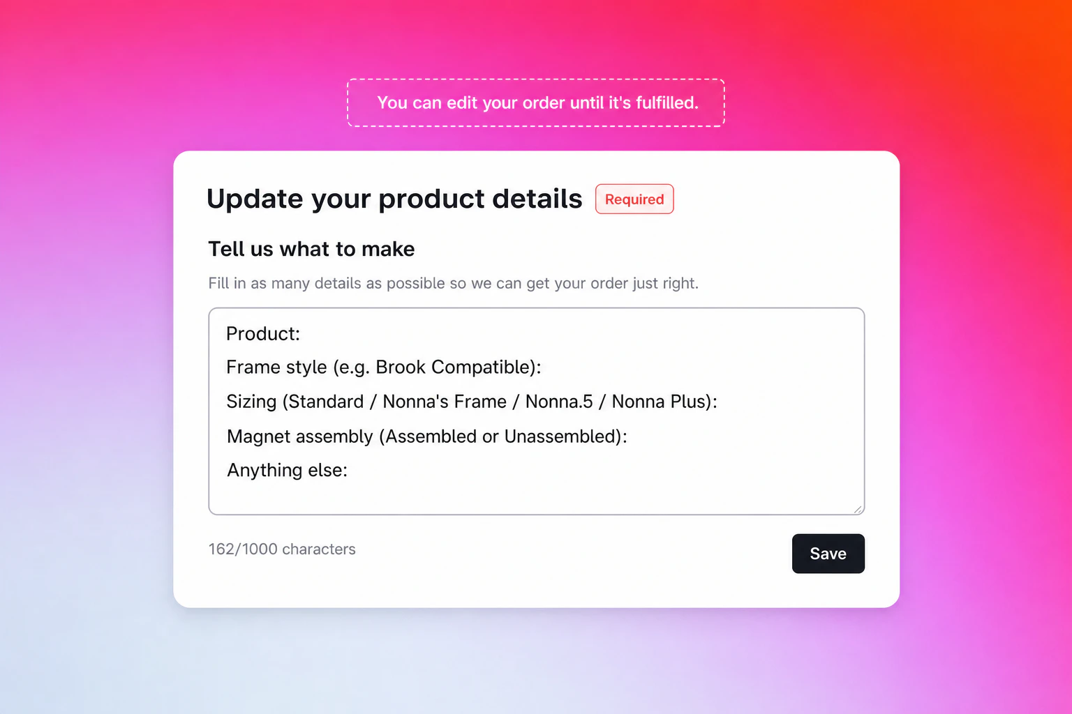 Custom note in the customer order edit page Custom Note Section