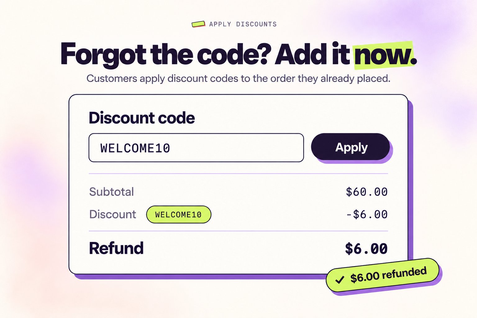 Post-purchase discount application Apply Discounts Feature