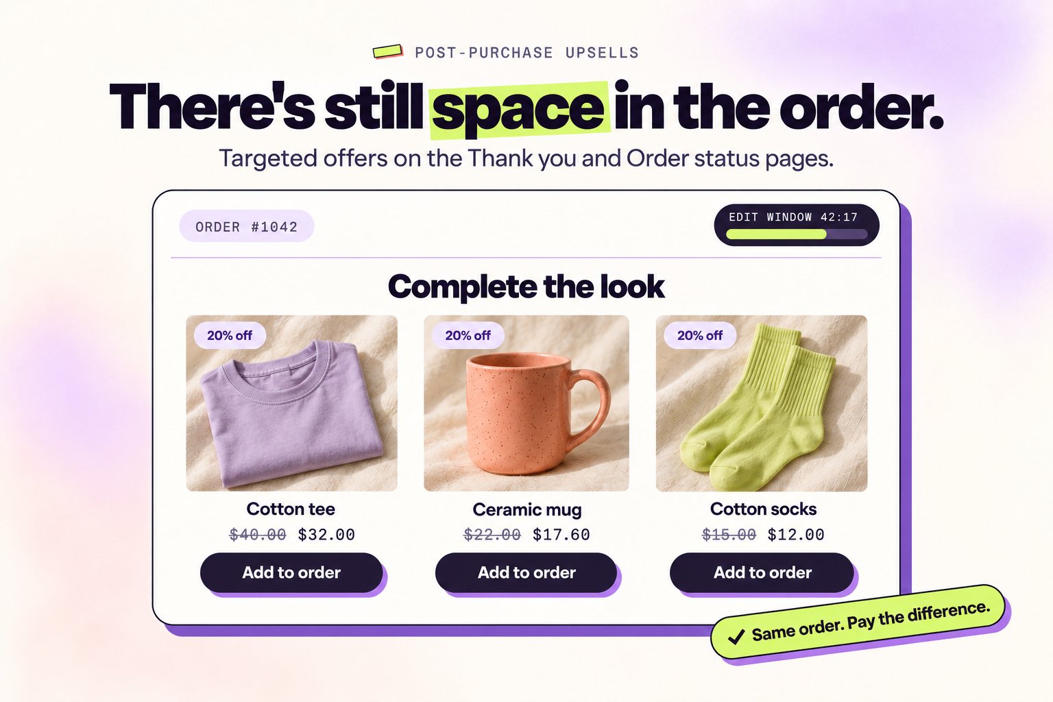 Shopifyの注文状況ページに表示されたターゲット購入後オファー 購入後アップセル