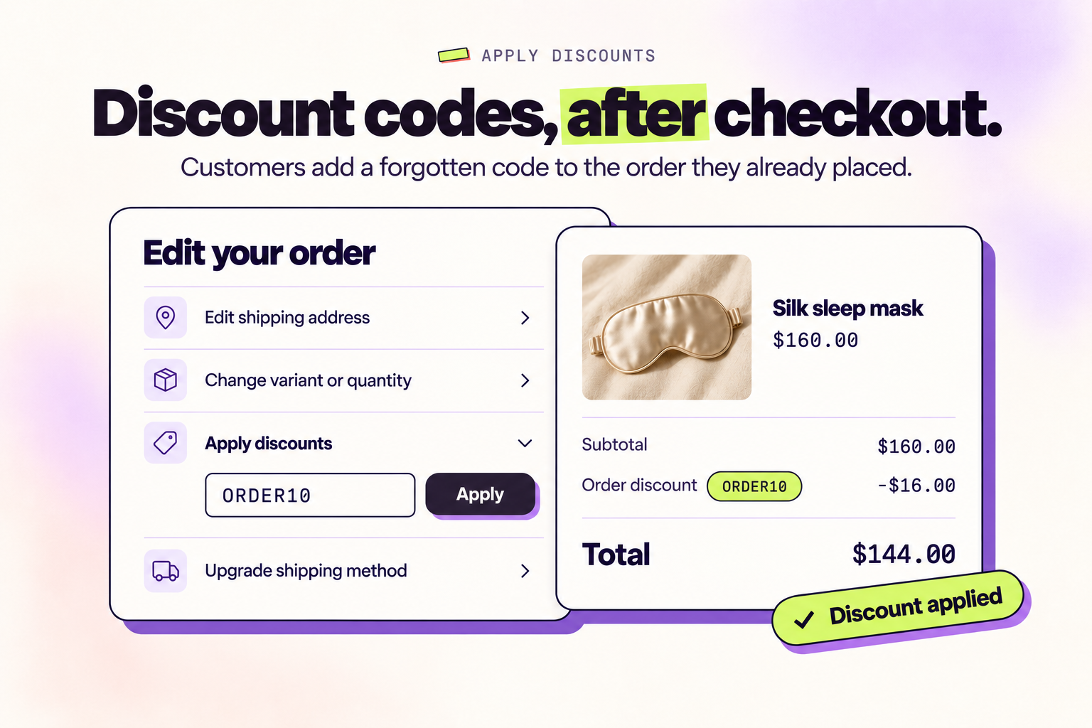 Aplicar código de descuento después del checkout en Revize