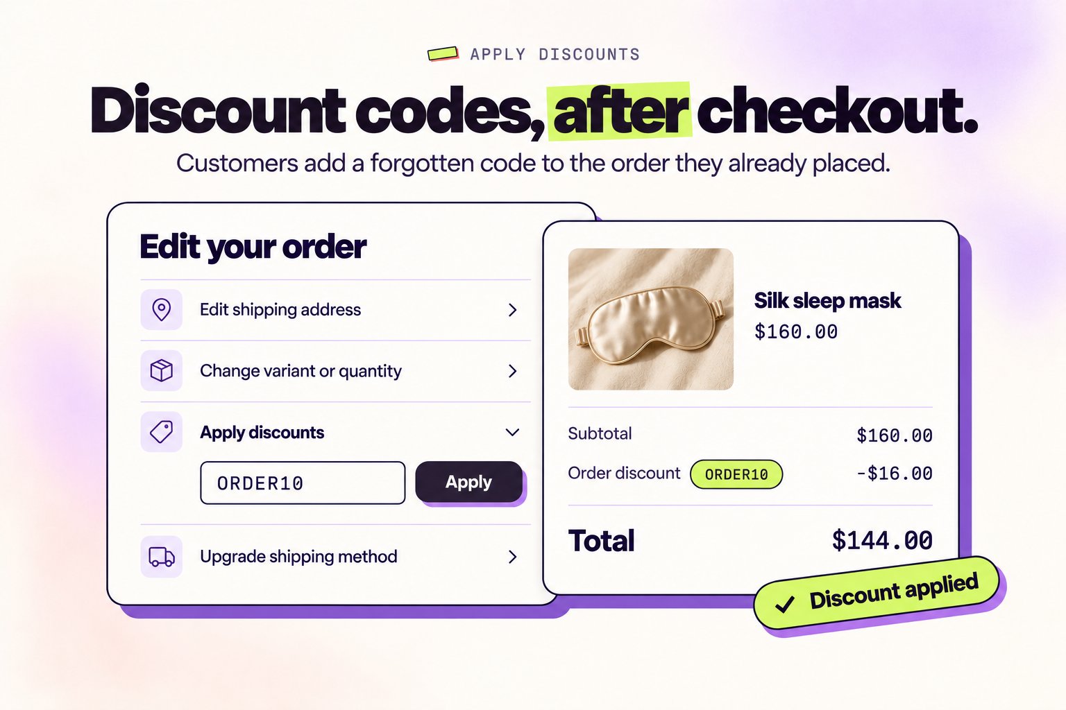 Post-purchase discount application Apply discount code after checkout in Revize