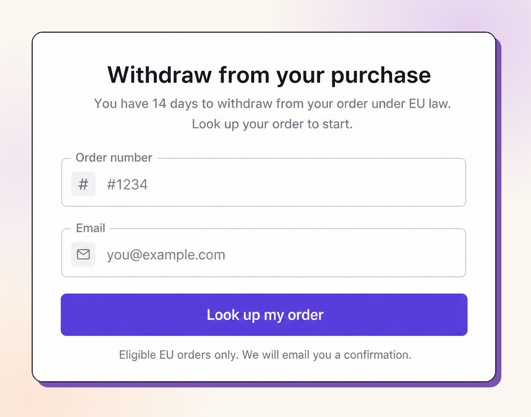 EU withdrawal lookup form on the storefront