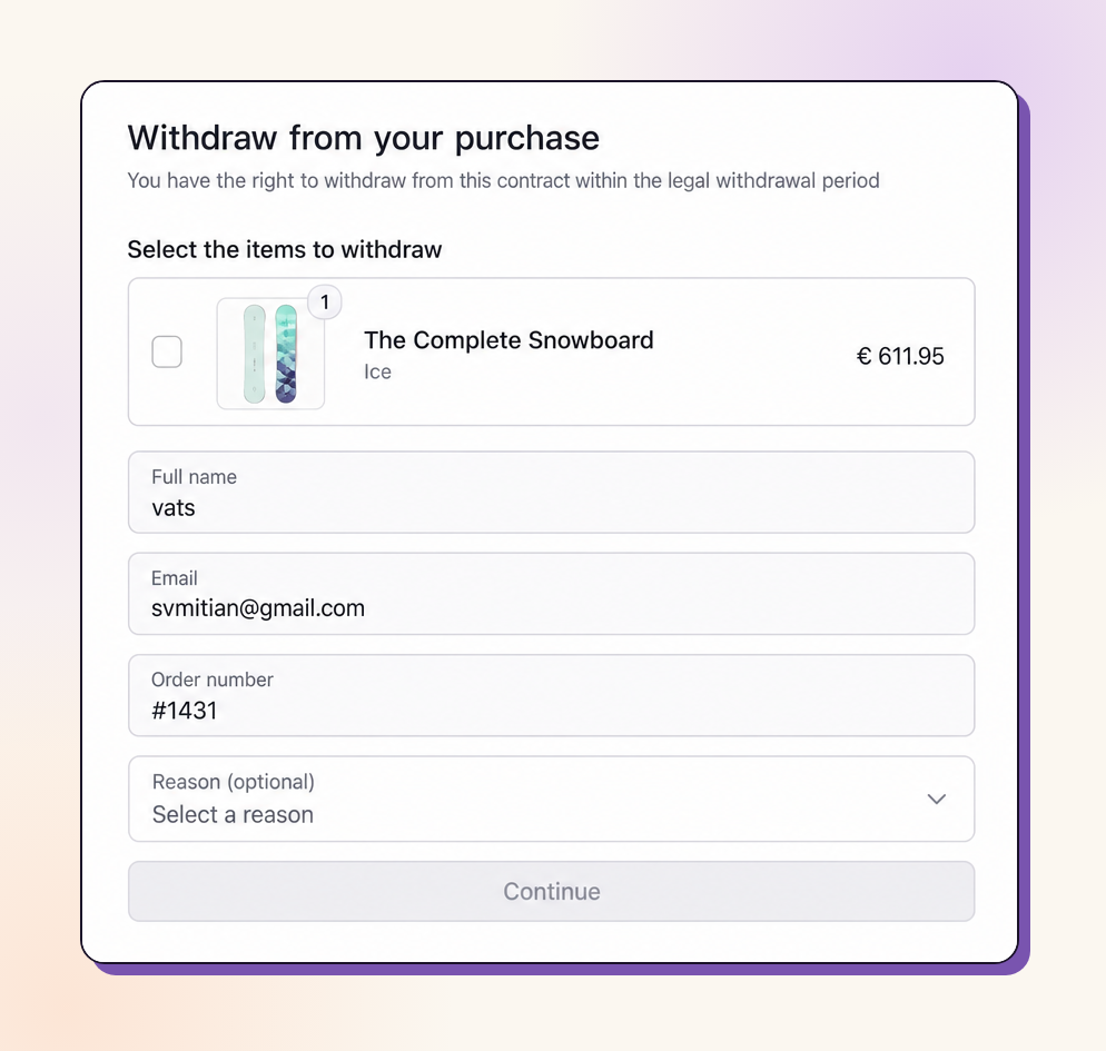EU withdrawal request on the order status page
