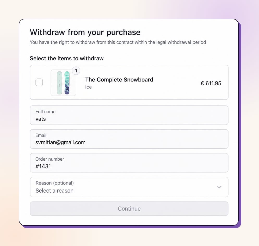 The EU withdrawal request as customers see it on the order status page EU withdrawal request on the order status page