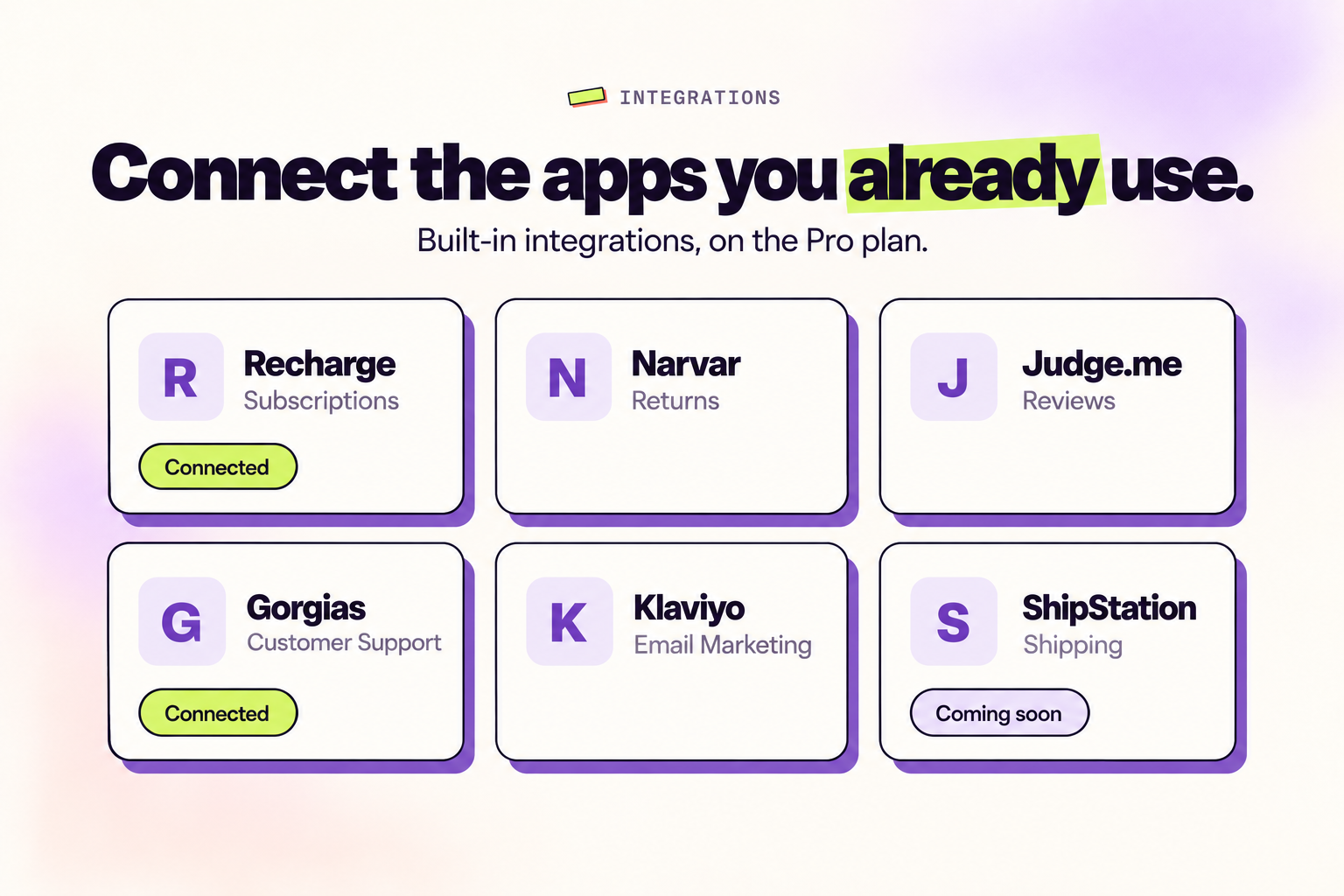 Die Seite Integrations in Revize mit Recharge, Narvar, Judge.me, Gorgias, Klaviyo und ShipStation