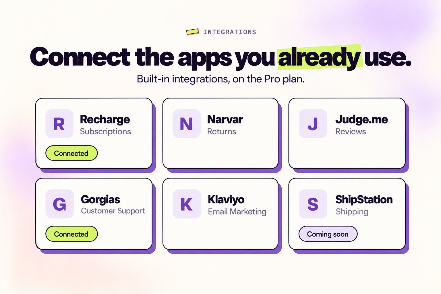 Integrierte Integrationen in der Revize-App Die Seite Integrations in Revize mit Recharge, Narvar, Judge.me, Gorgias, Klaviyo und ShipStation