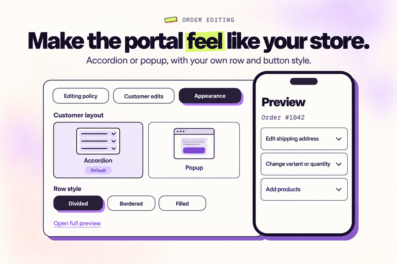 Der Tab Appearance in Revize mit dem Accordion-Layout, dem Zeilenstil und einer Live-Vorschau