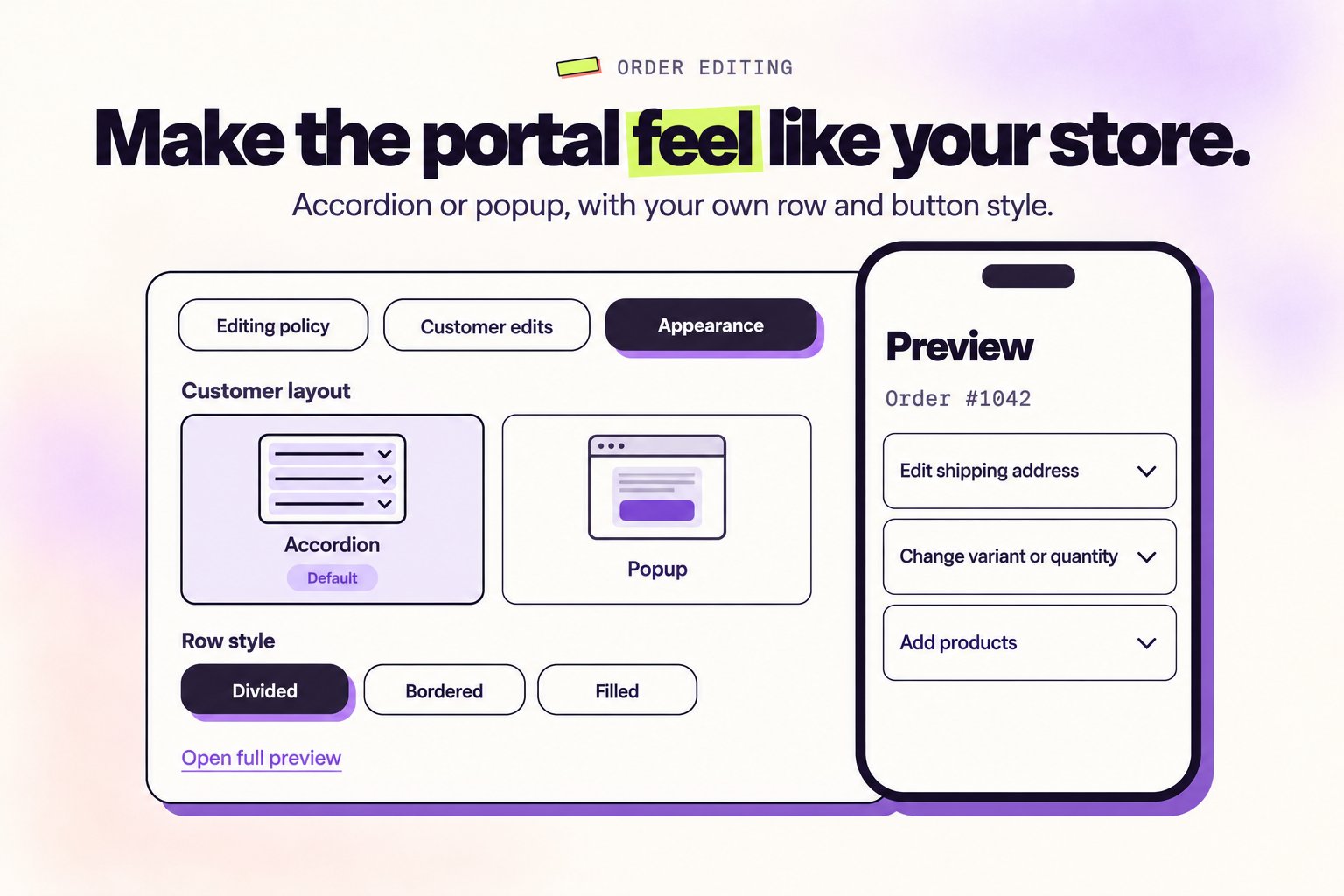 Wähle Layout und Stil des Kundenportals Der Tab Appearance in Revize mit dem Accordion-Layout, dem Zeilenstil und einer Live-Vorschau