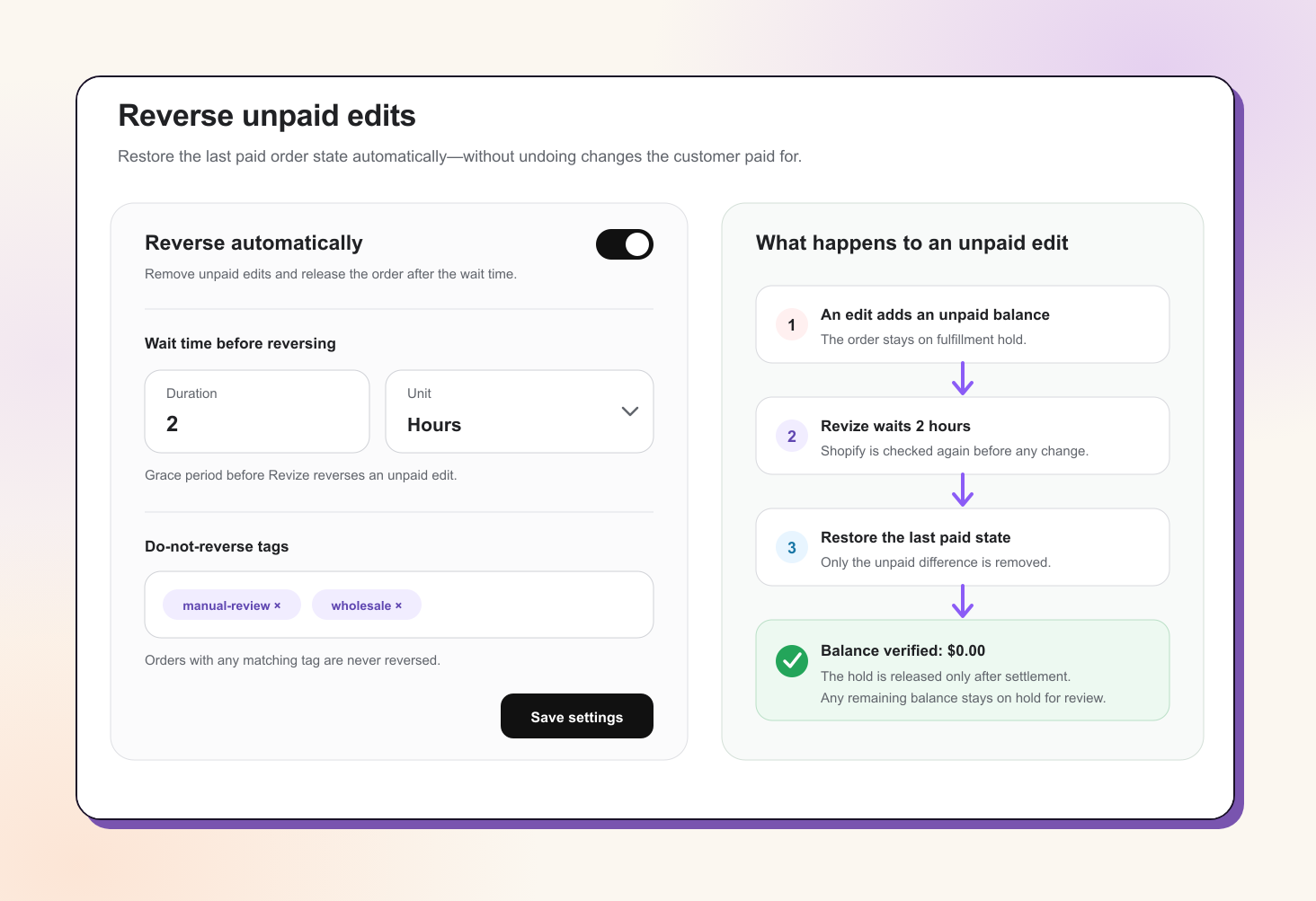 Revize Reverse Unpaid Edits settings with automatic reversal, wait time, and exclusion tags