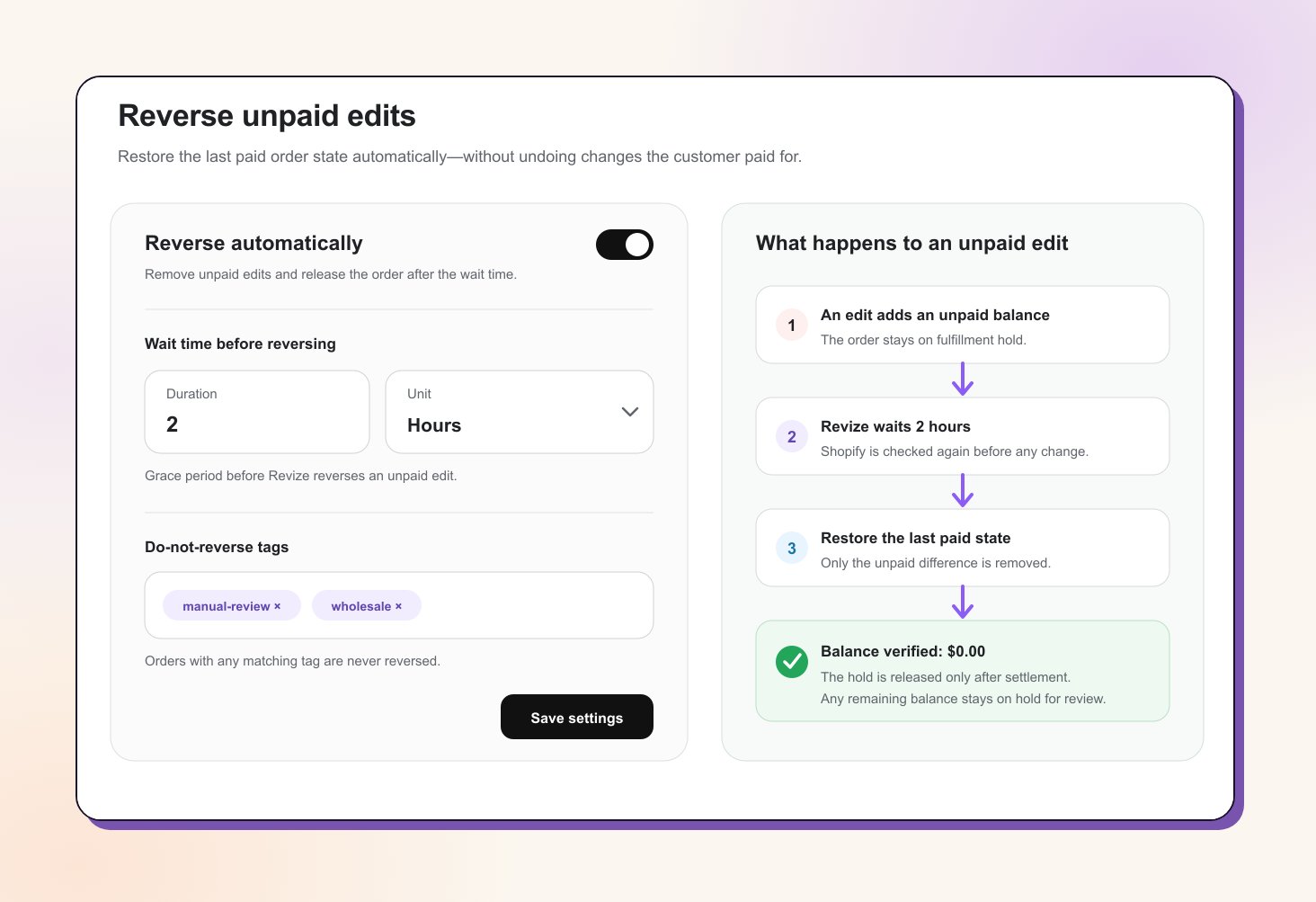 Choose when Revize should reverse unpaid order edits Revize Reverse Unpaid Edits settings with automatic reversal, wait time, and exclusion tags