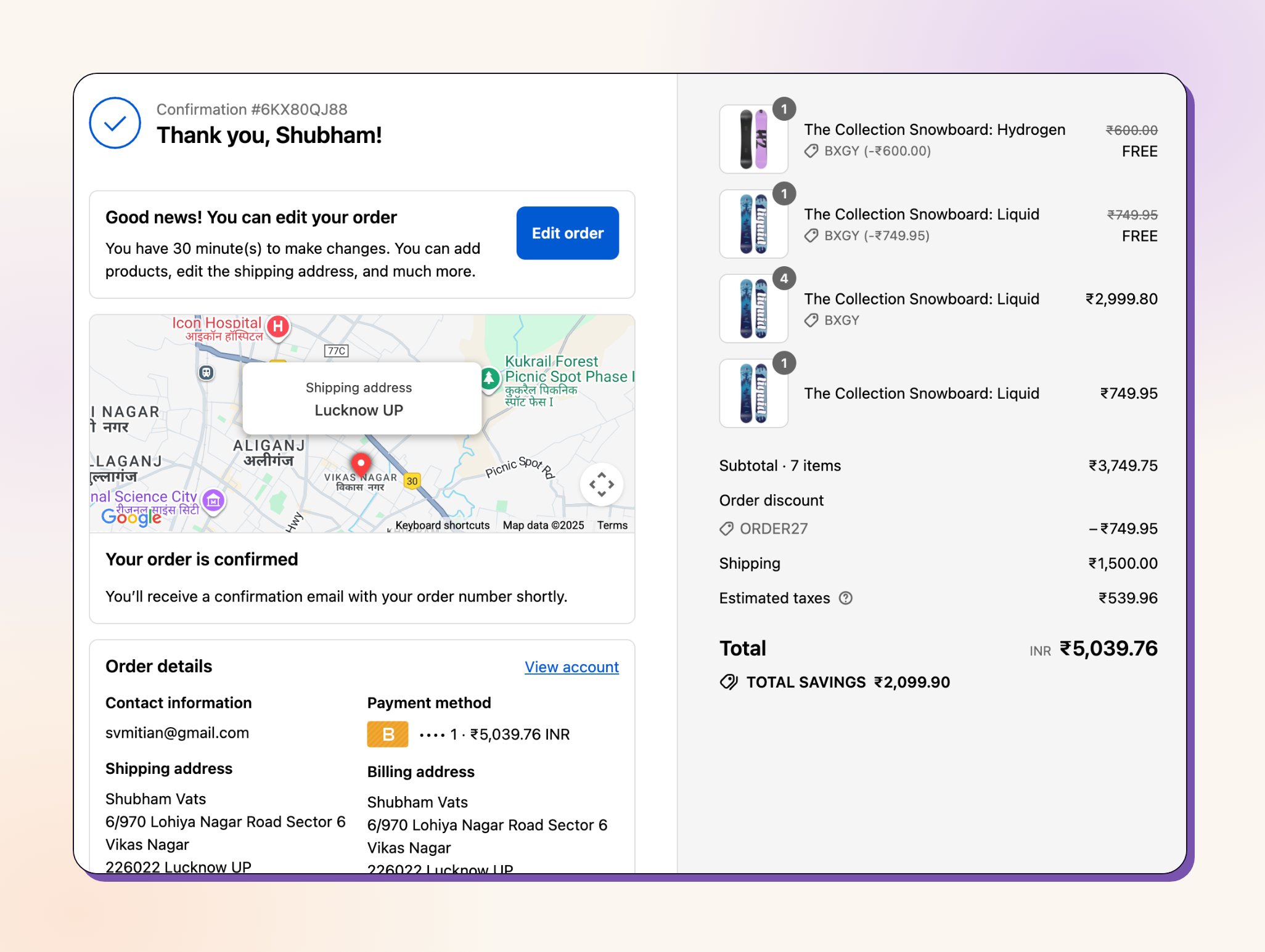 Bestellbearbeitungs-Nachricht auf der Shopify-Dankeseite
