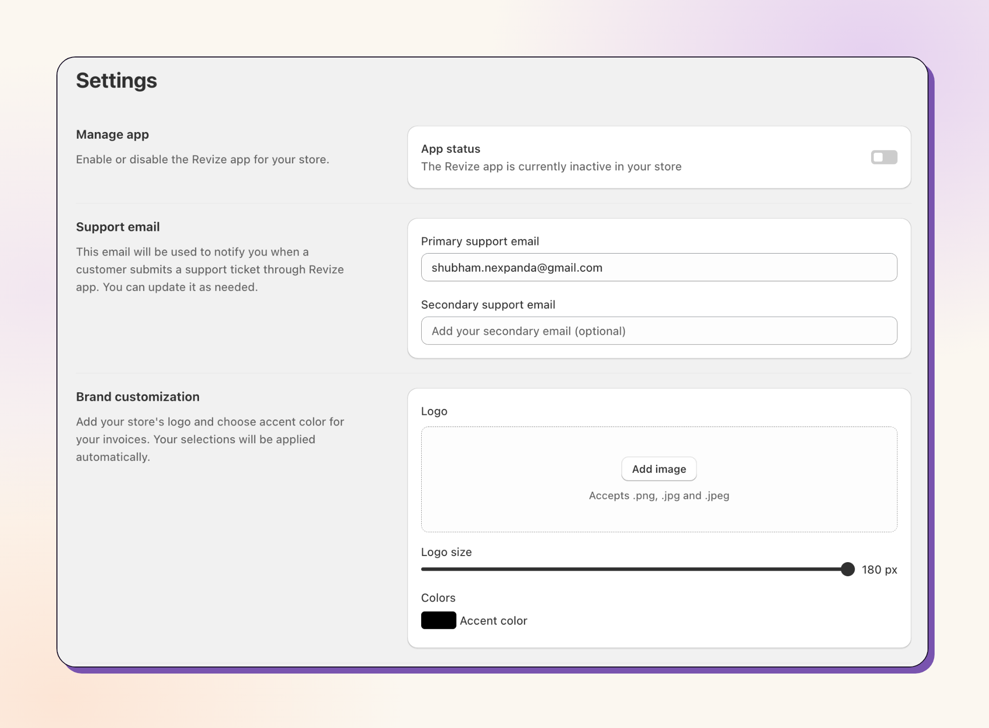 Paramètres Revize, statut de l'application et marque