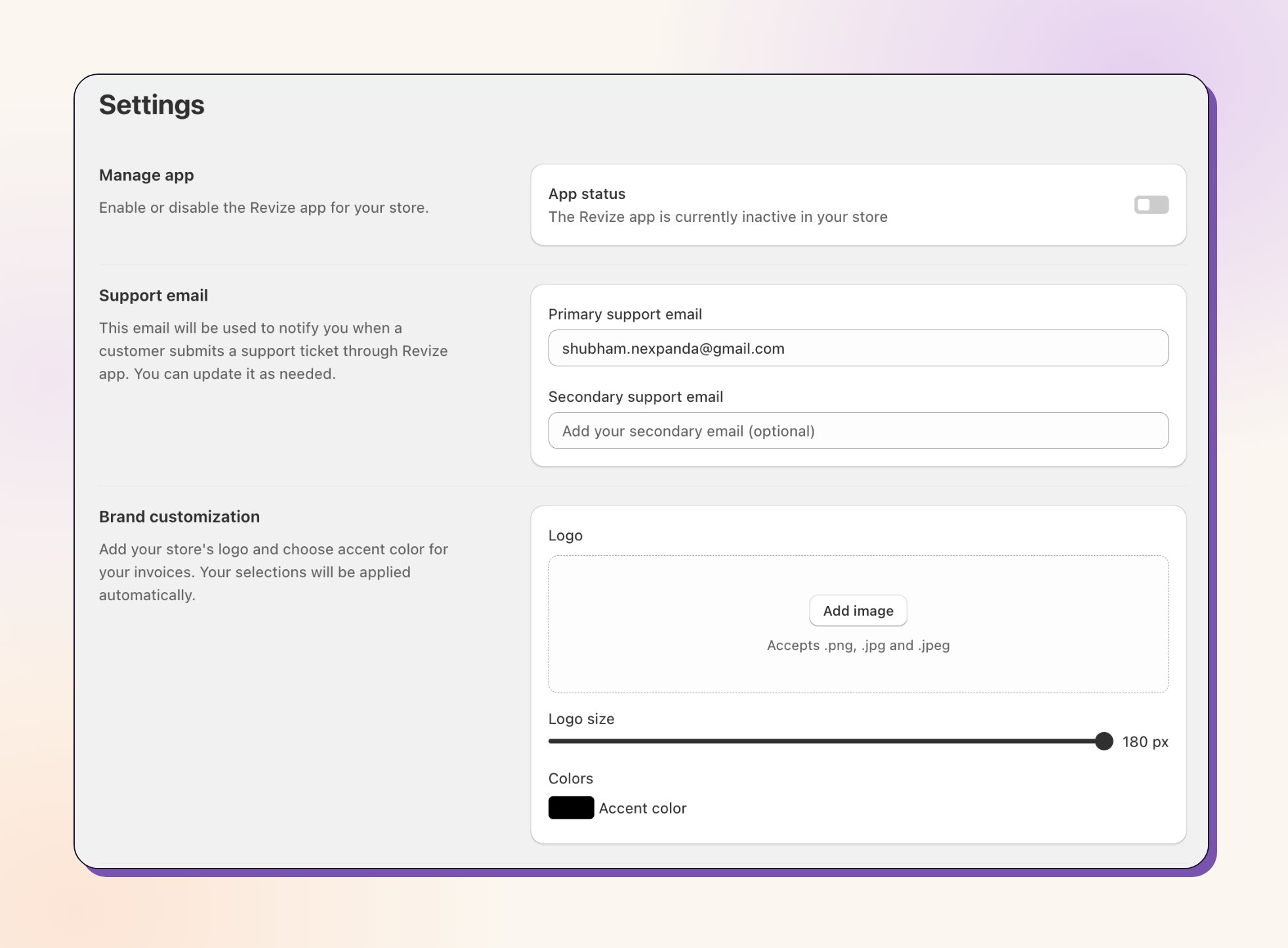 Paramètres Revize, statut de l'application et marque