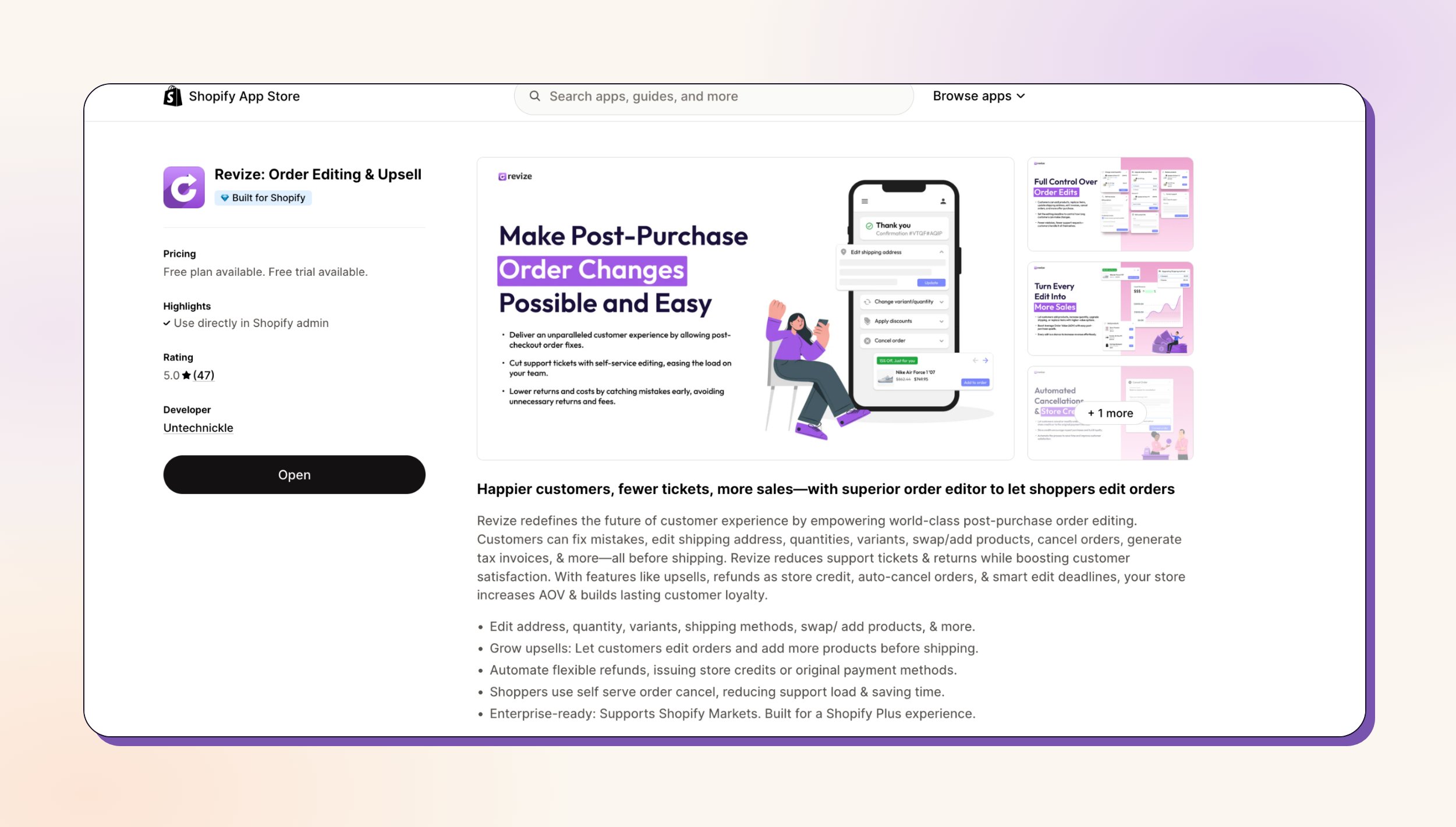 Page d'accueil de l'application Revize dans Shopify